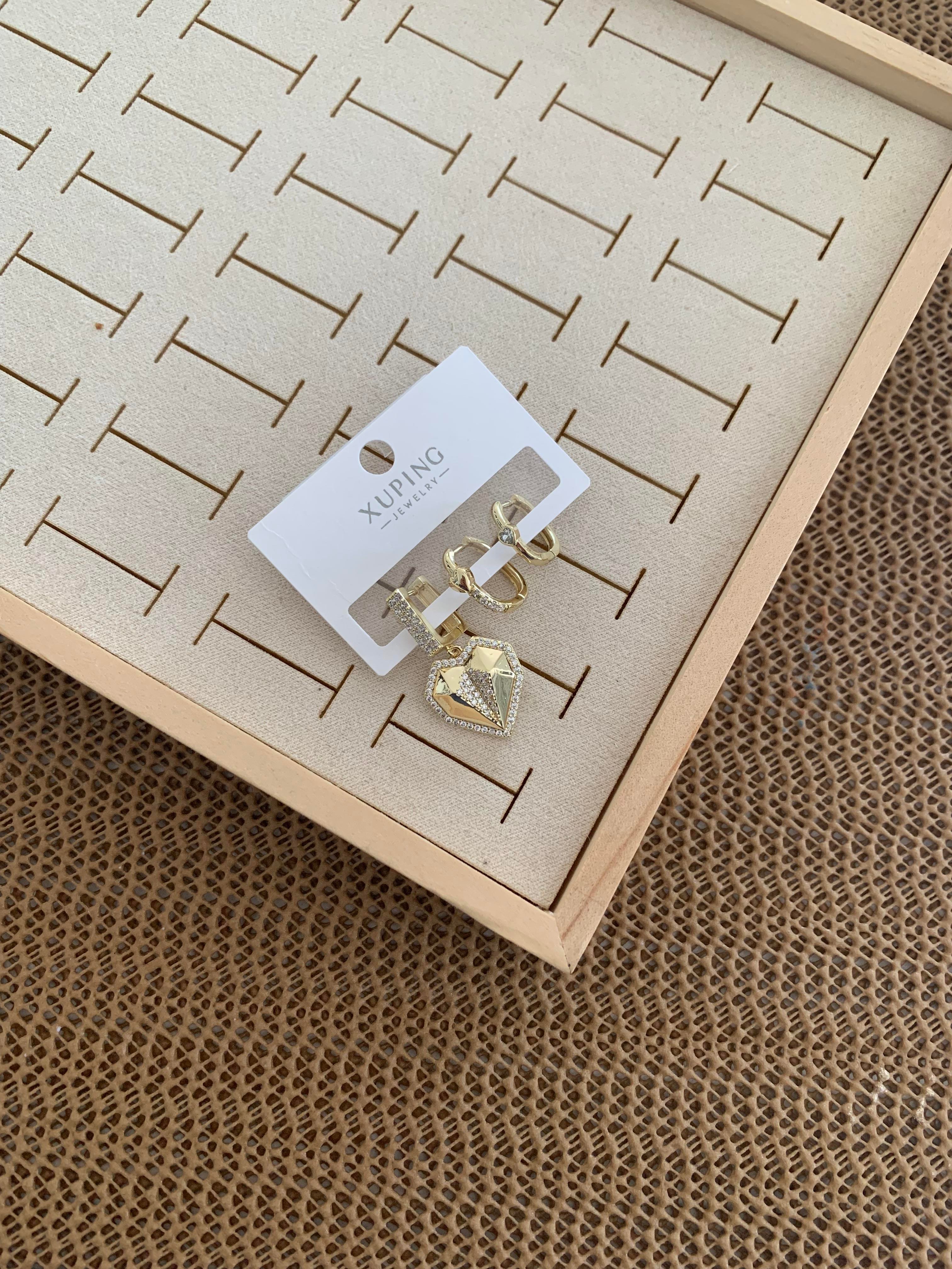 Vip Gold Zirkon Taşlı Elmas Kalp Üçlü Set Halka Küpe