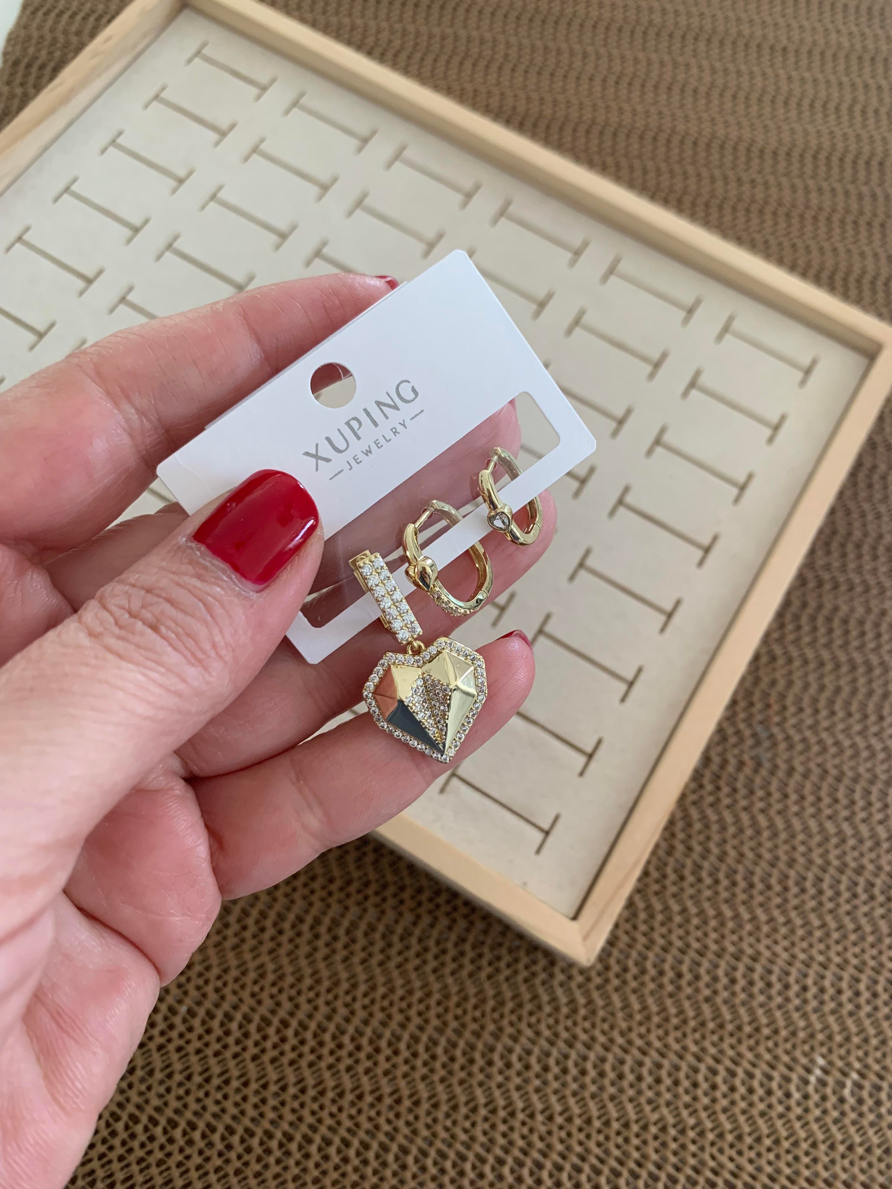 Vip Gold Zirkon Taşlı Elmas Kalp Üçlü Set Halka Küpe