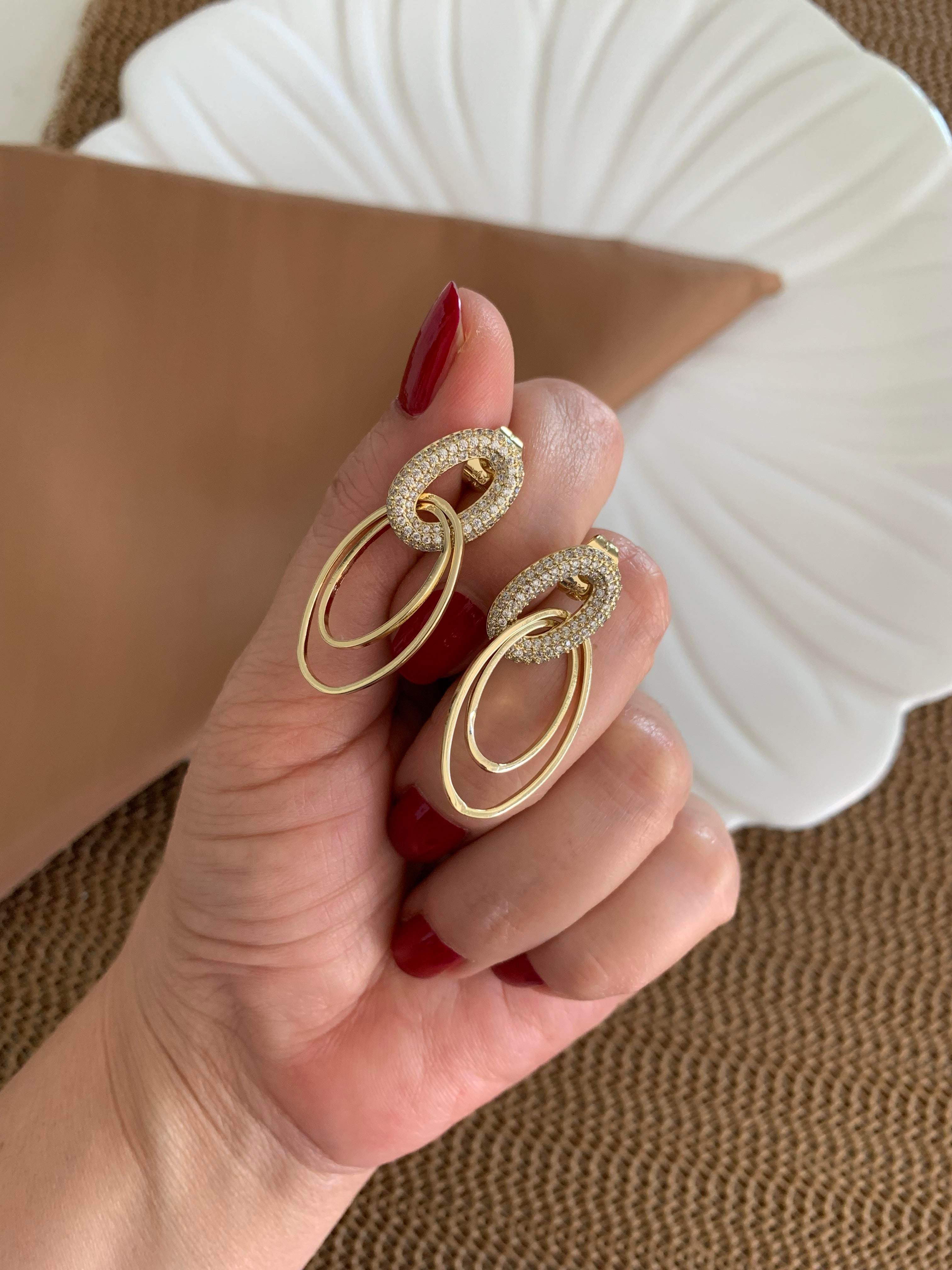 Vip Gold Zirkon Taşlı İkili İç İçe Geçme Oval Tasarım Küpe