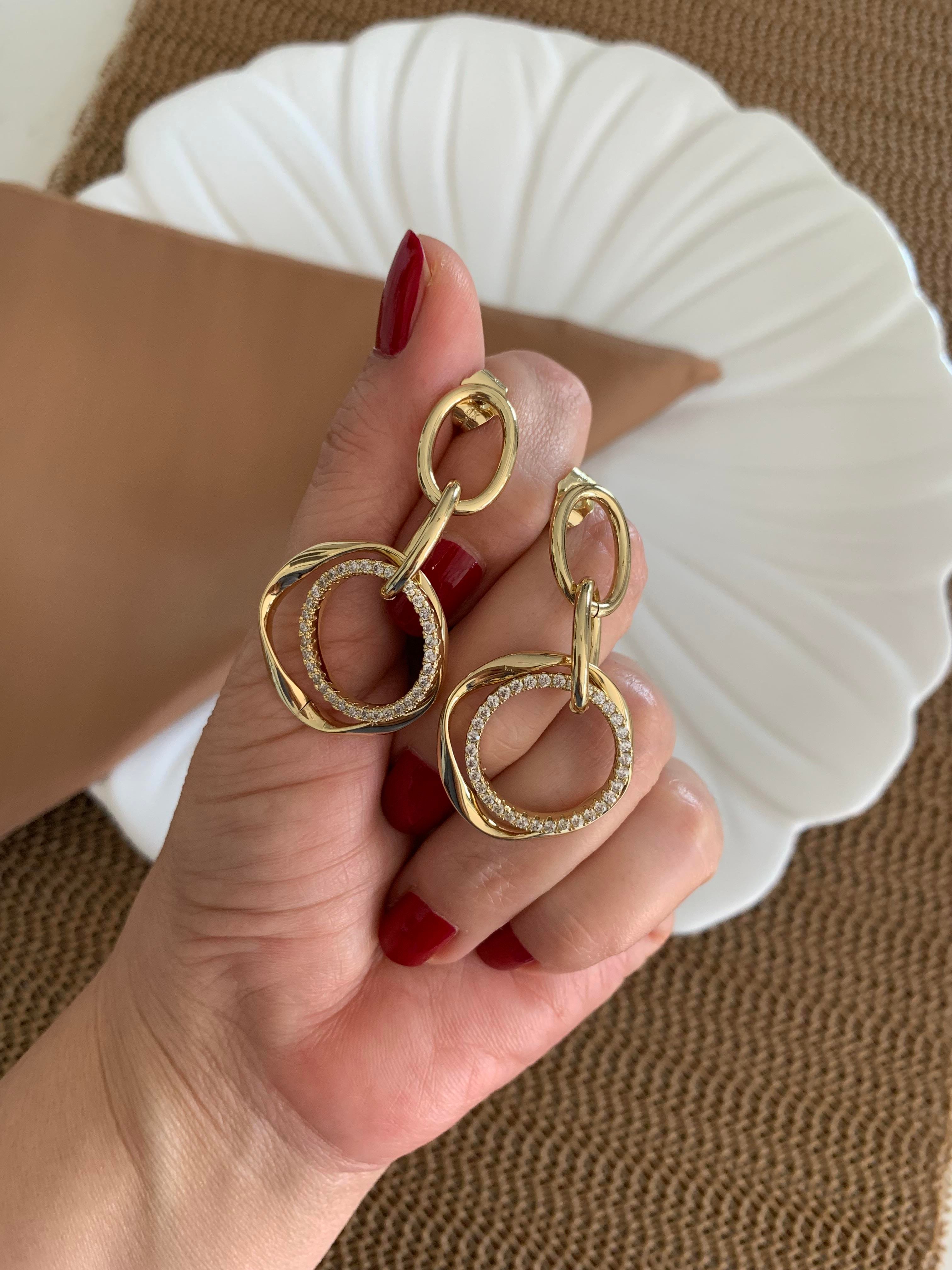 Vip Gold Zirkon Taşlı İkili İç İçe Geçme Daire Tasarım Küpe