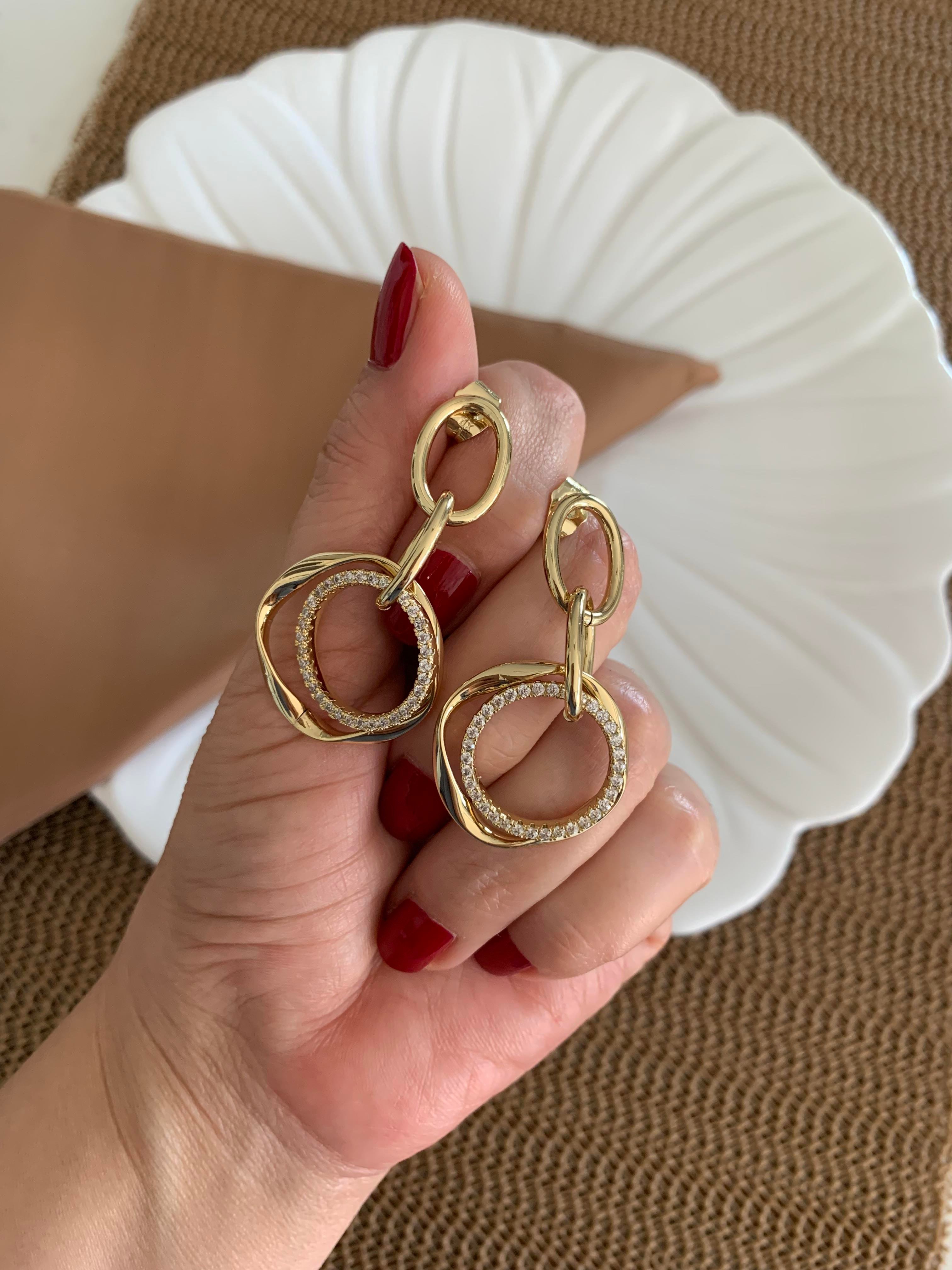 Vip Gold Zirkon Taşlı İkili İç İçe Geçme Daire Tasarım Küpe