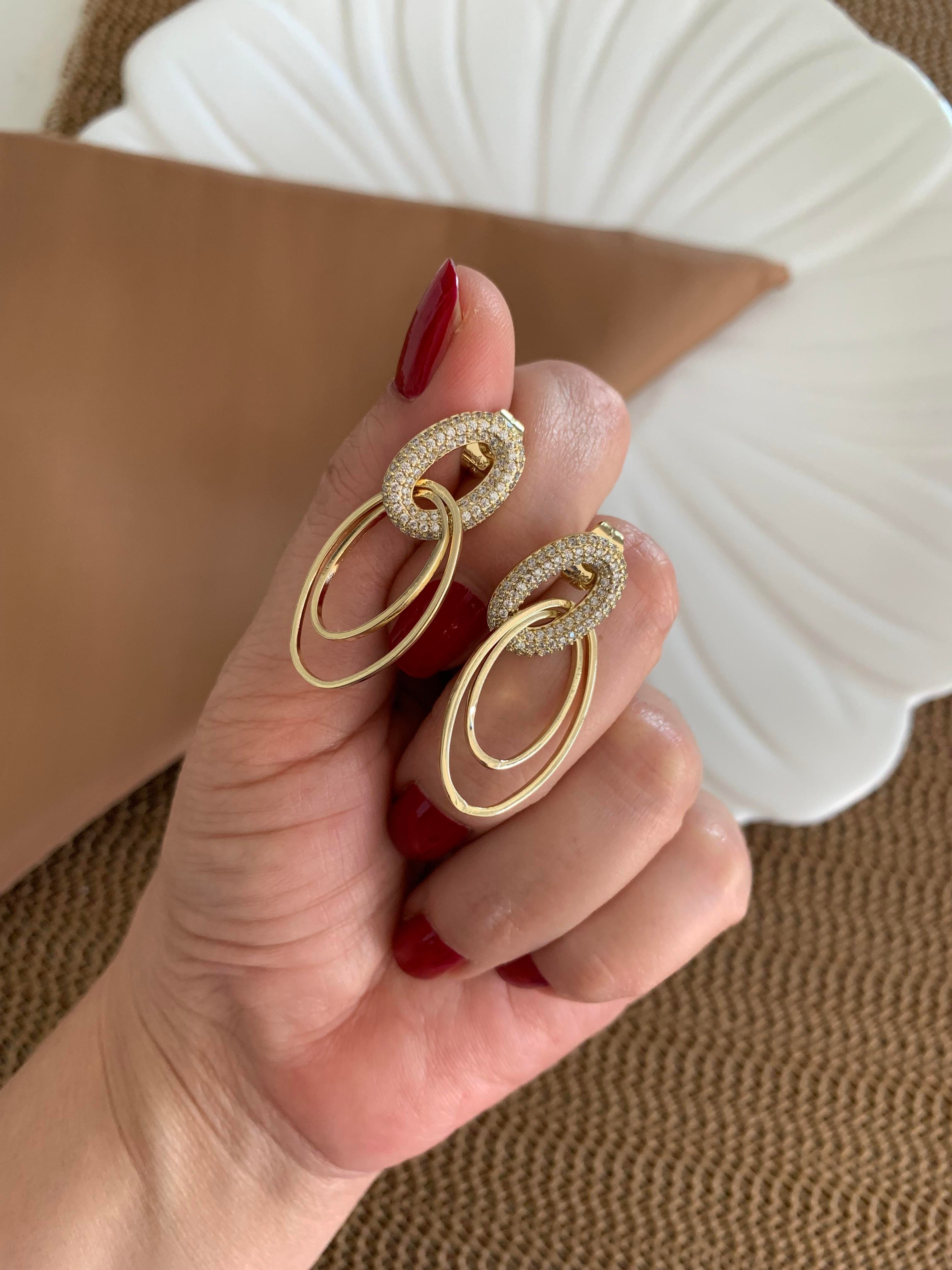 Vip Gold Zirkon Taşlı İkili İç İçe Geçme Oval Tasarım Küpe