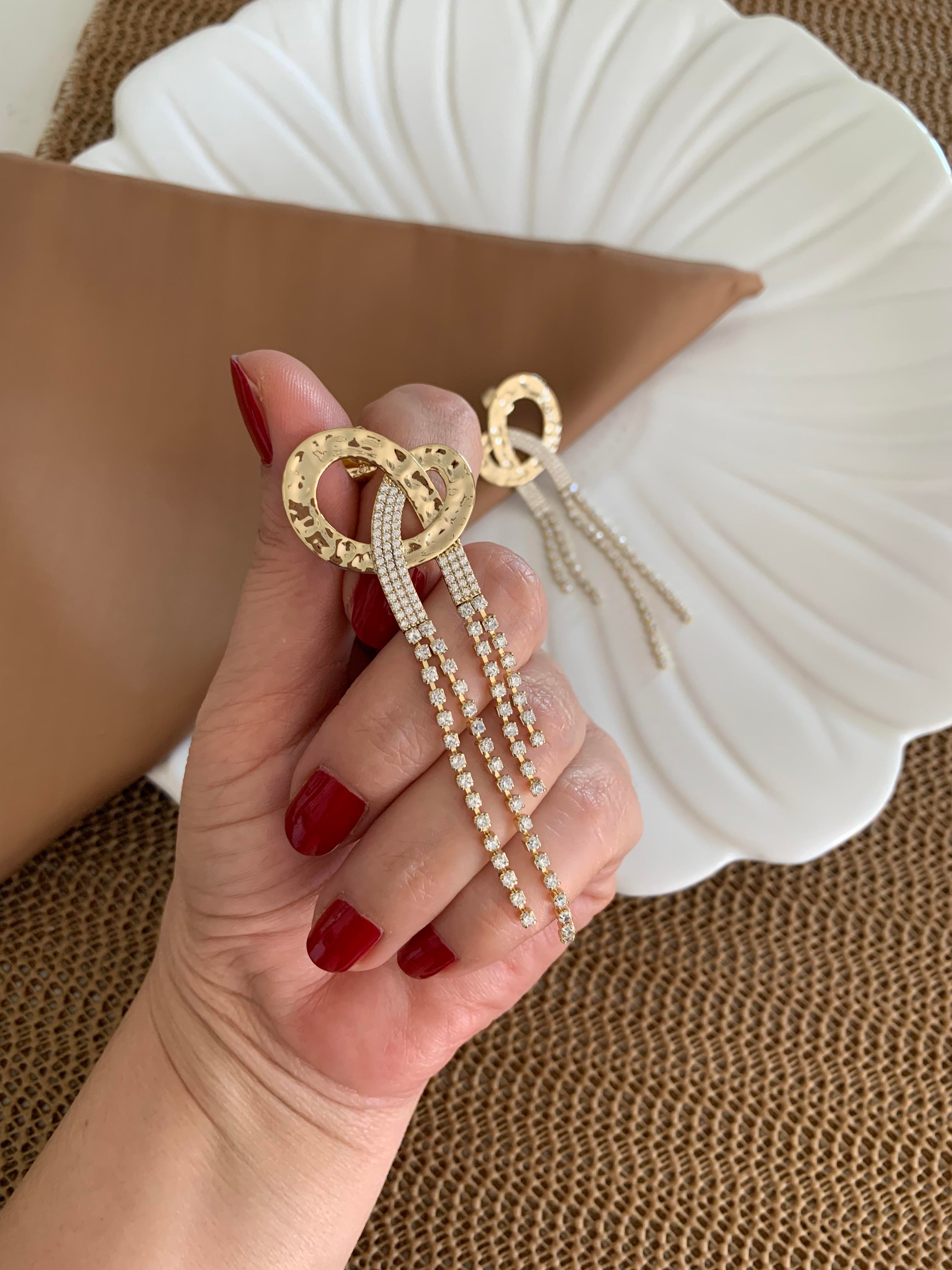Vip Gold Zirkon Taşlı İkili Su Yolu Sallantılı Tasarım Küpe