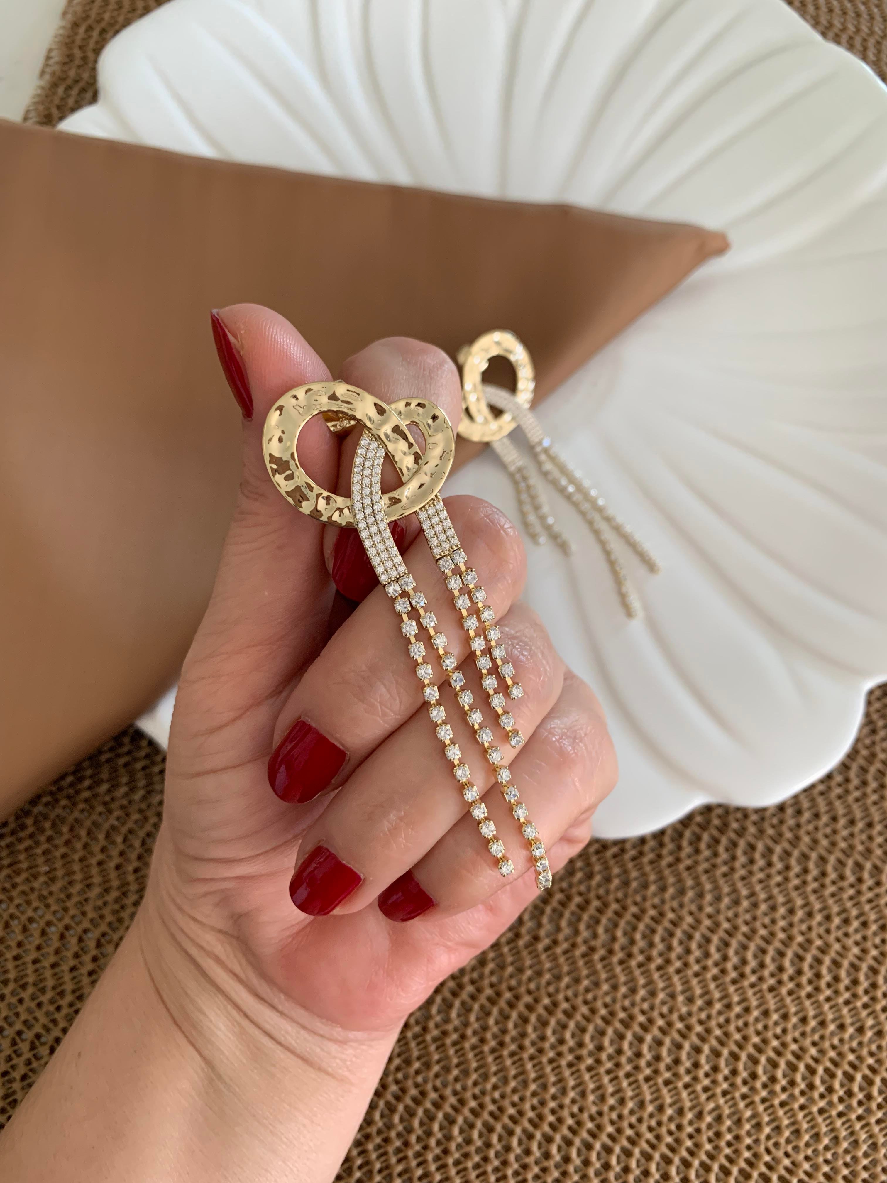 Vip Gold Zirkon Taşlı İkili Su Yolu Sallantılı Tasarım Küpe