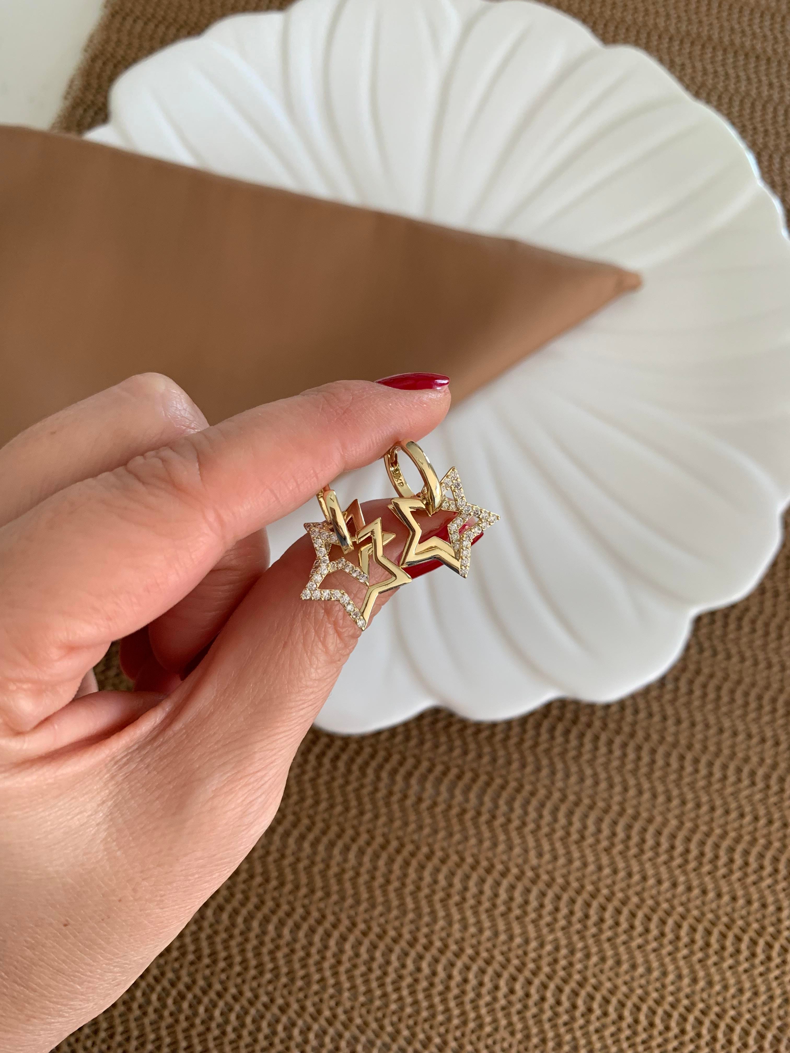 Vip Gold Zirkon Taşlı İkili Yıldız Tasarım Halka Küpe