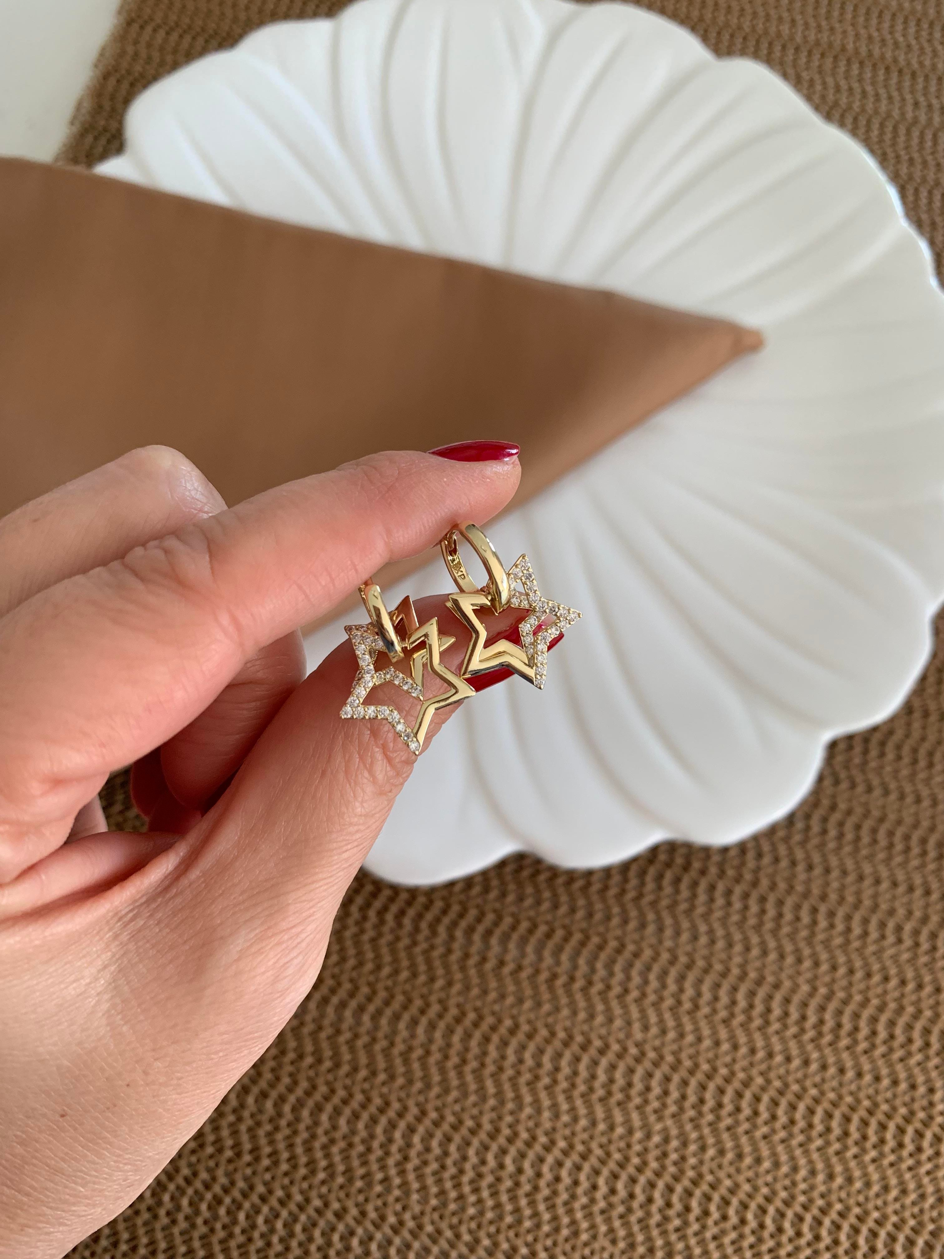 Vip Gold Zirkon Taşlı İkili Yıldız Tasarım Halka Küpe