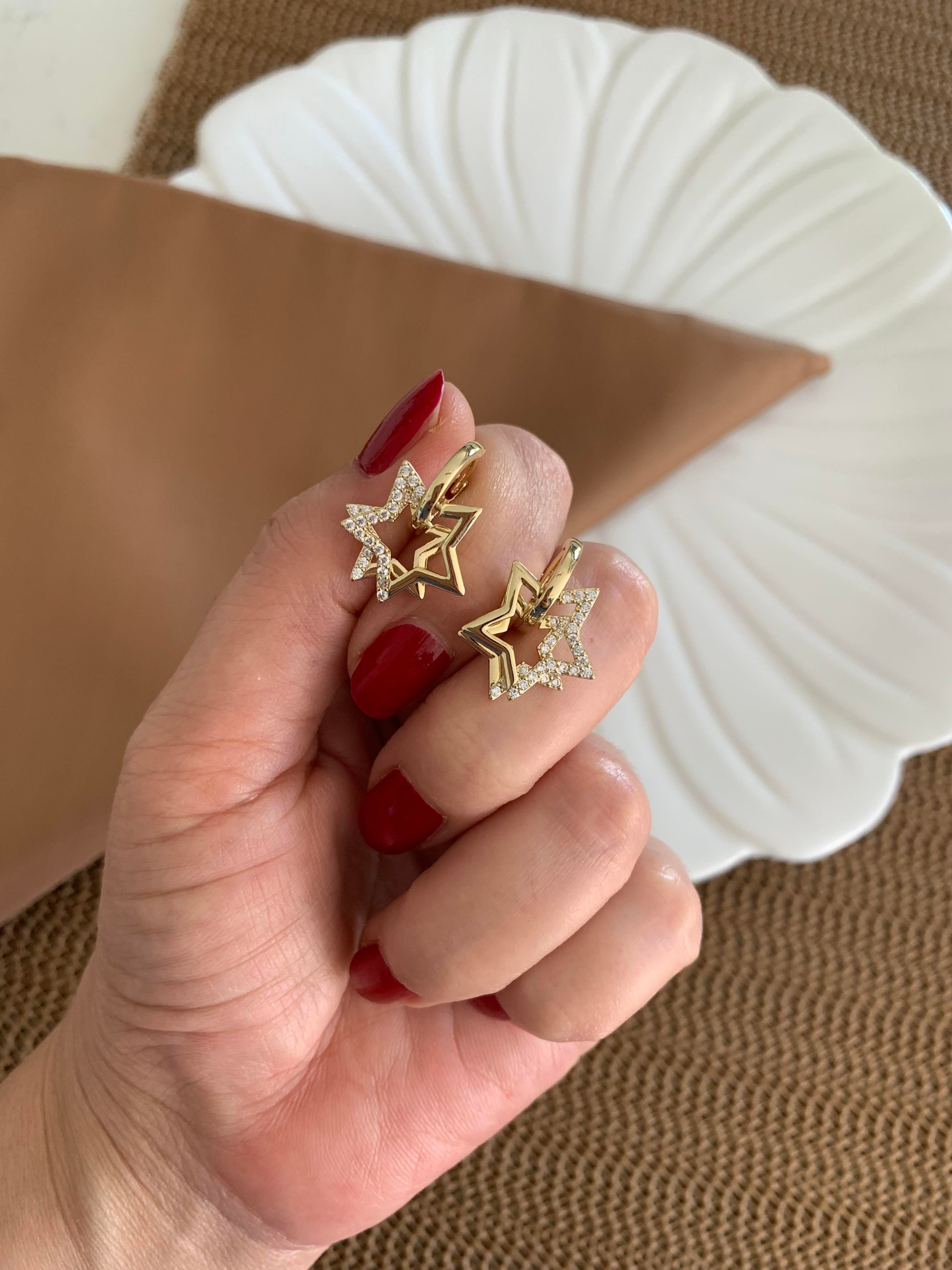 Vip Gold Zirkon Taşlı İkili Yıldız Tasarım Halka Küpe