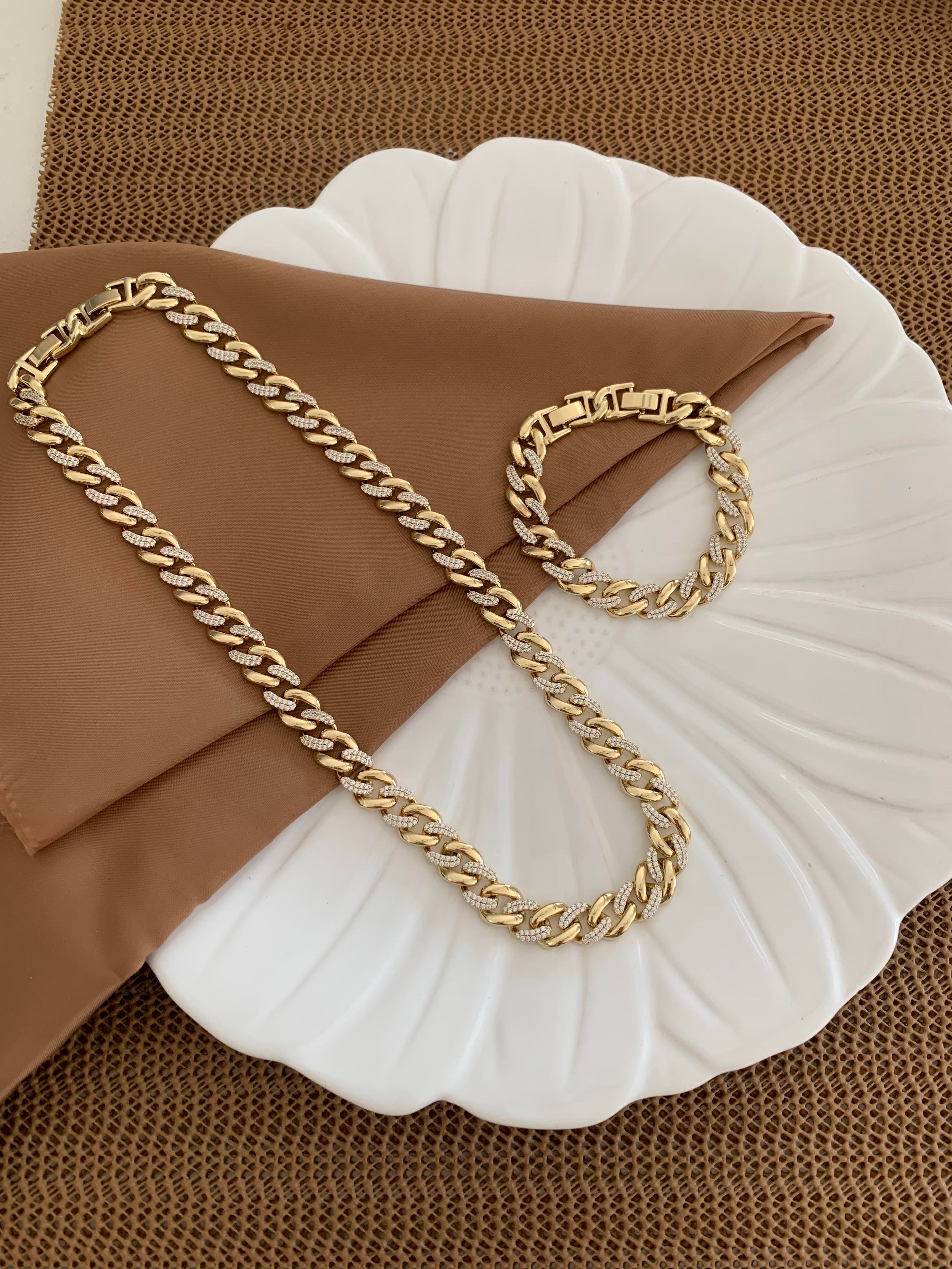 Vip Gold Zirkon Taşlı Kesme Zincir Kolye Bileklik Set