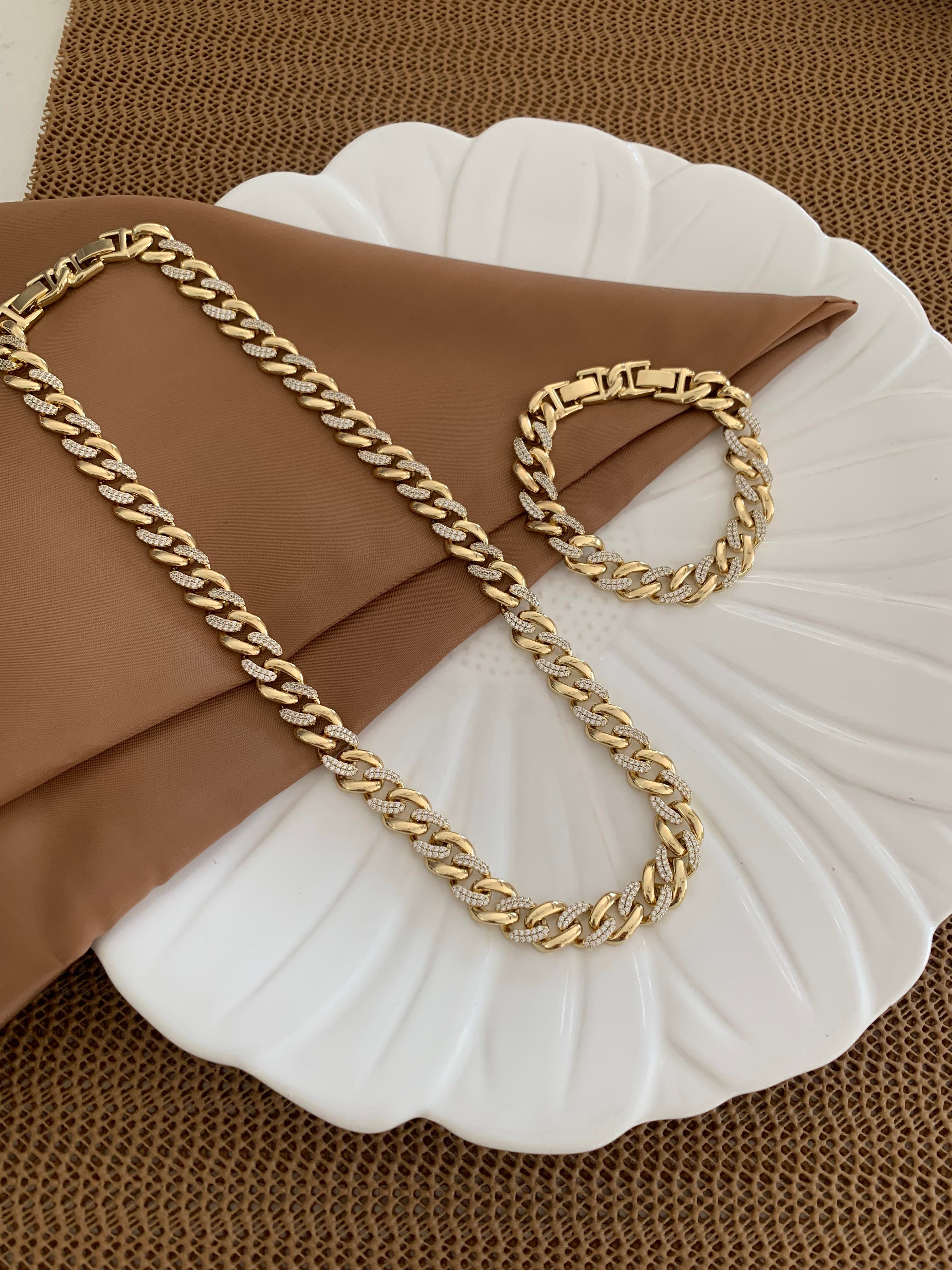 Vip Gold Zirkon Taşlı Kesme Zincir Kolye Bileklik Set