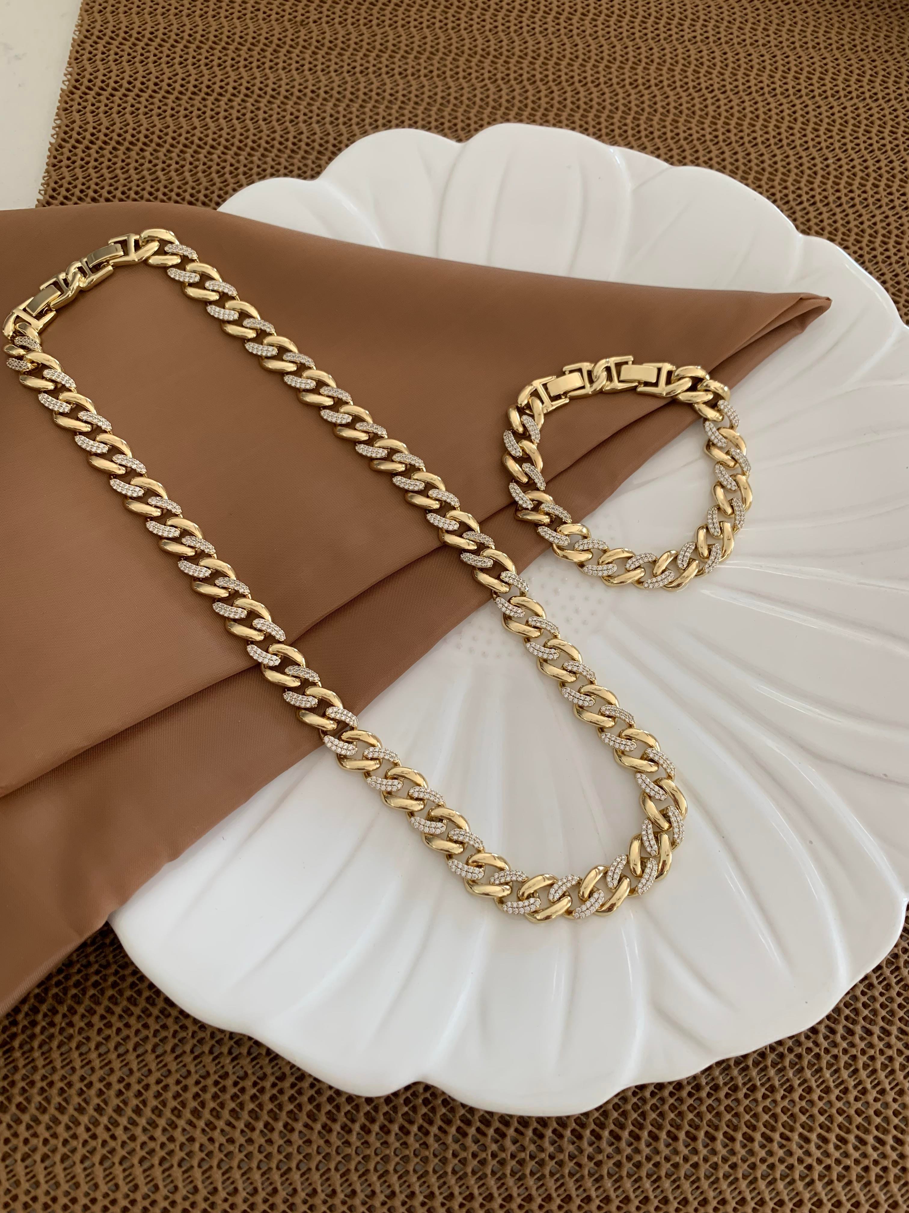 Vip Gold Zirkon Taşlı Kesme Zincir Kolye Bileklik Set