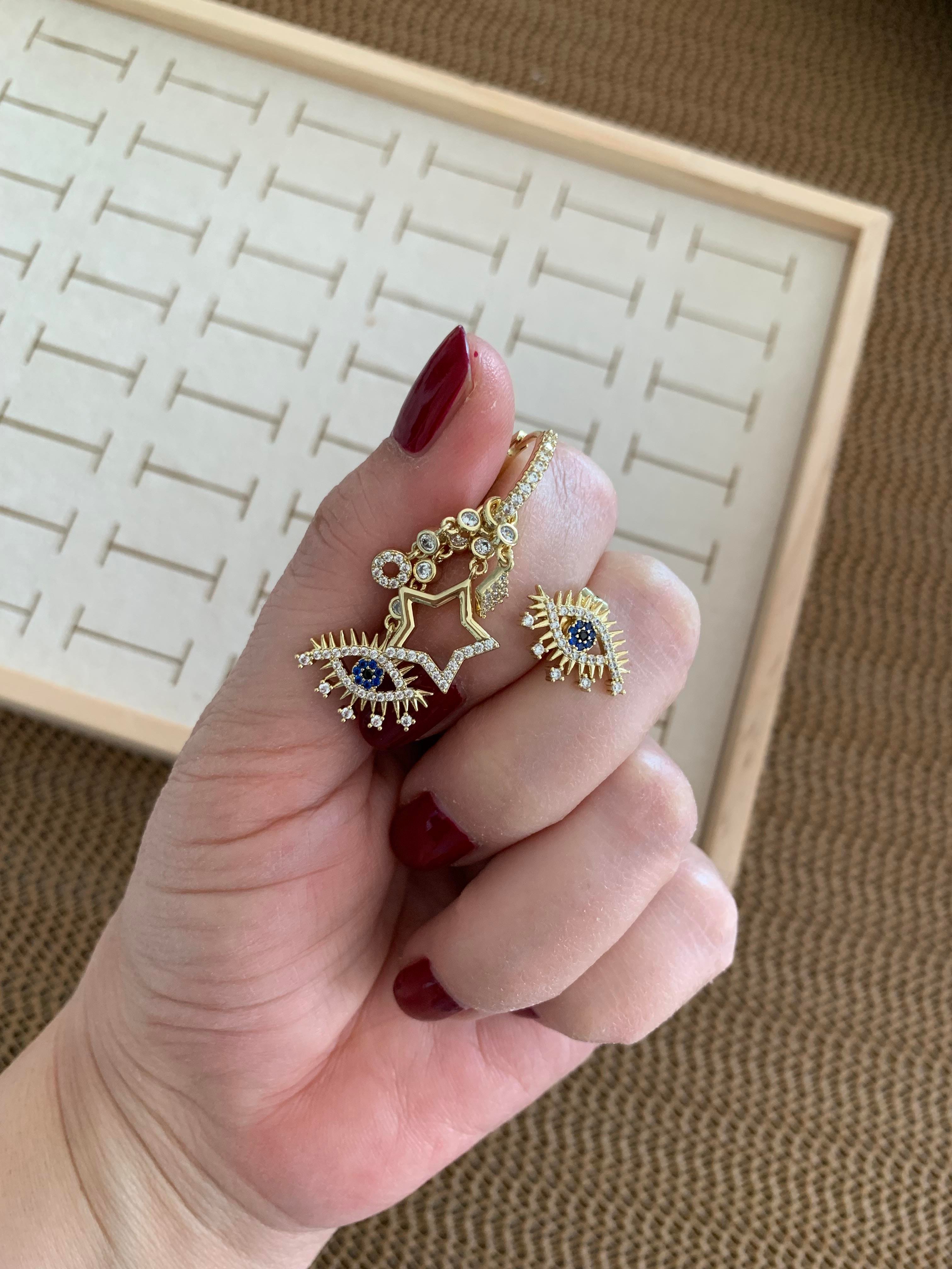 Vip Gold Zirkon Taşlı Kirpikli Göz Charm Tasarım Küpe