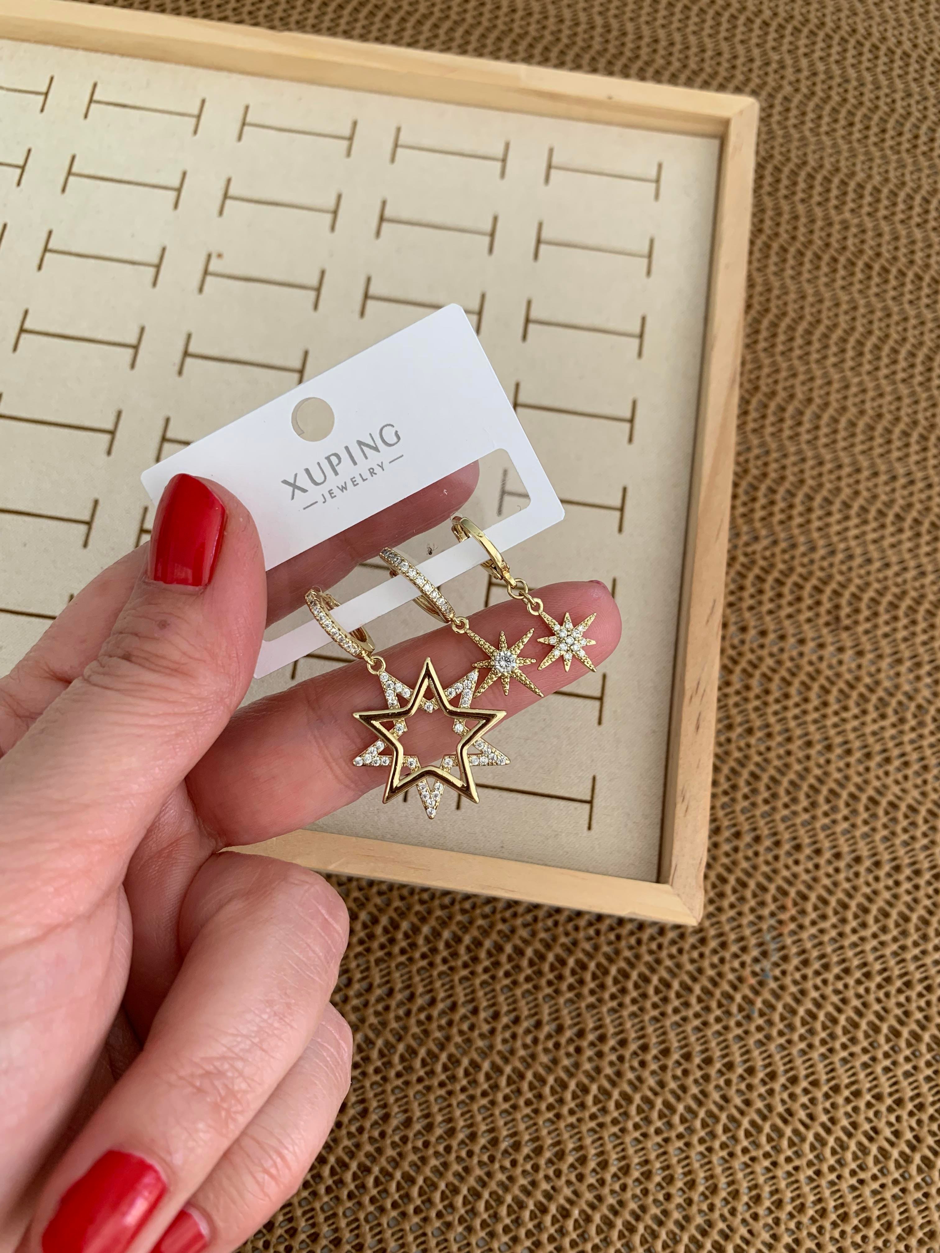 Vip Gold Zirkon Taşlı Kutup Yıldız Üçlü Set Halka Küpe