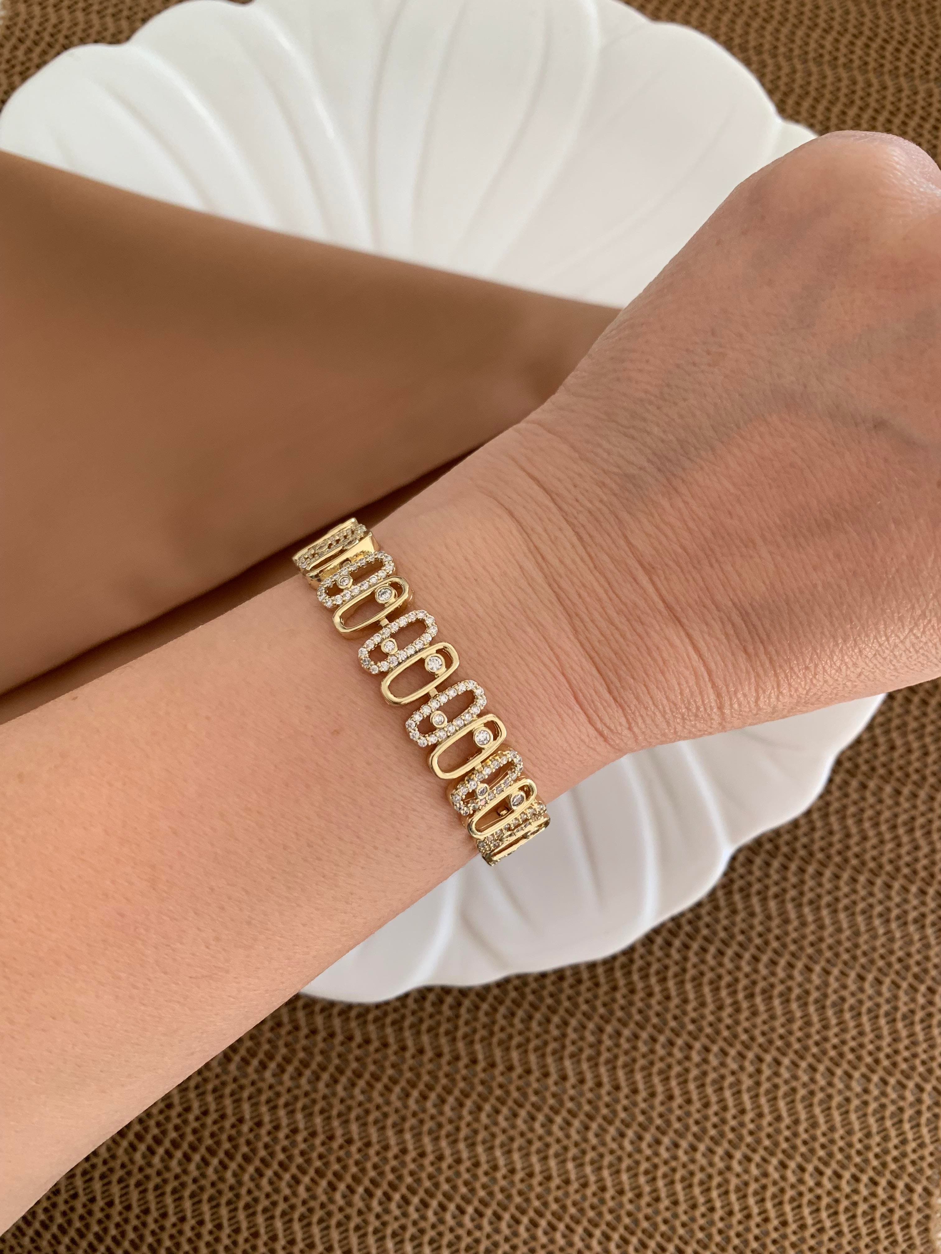 Vip Gold Zirkon Taşlı Oval Petek Sıralı Bileklik
