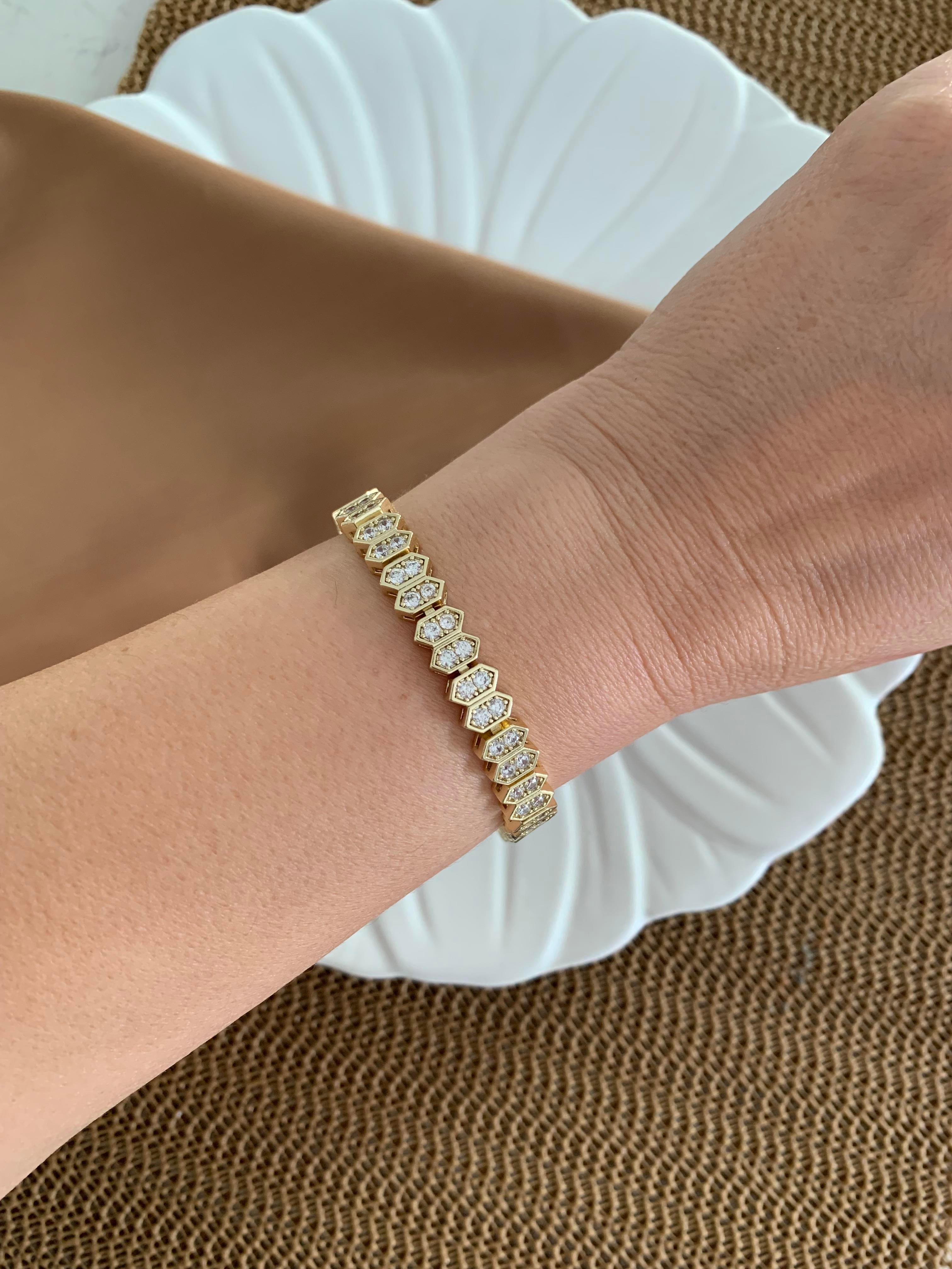 Vip Gold Zirkon Taşlı Petek Desenli Bileklik