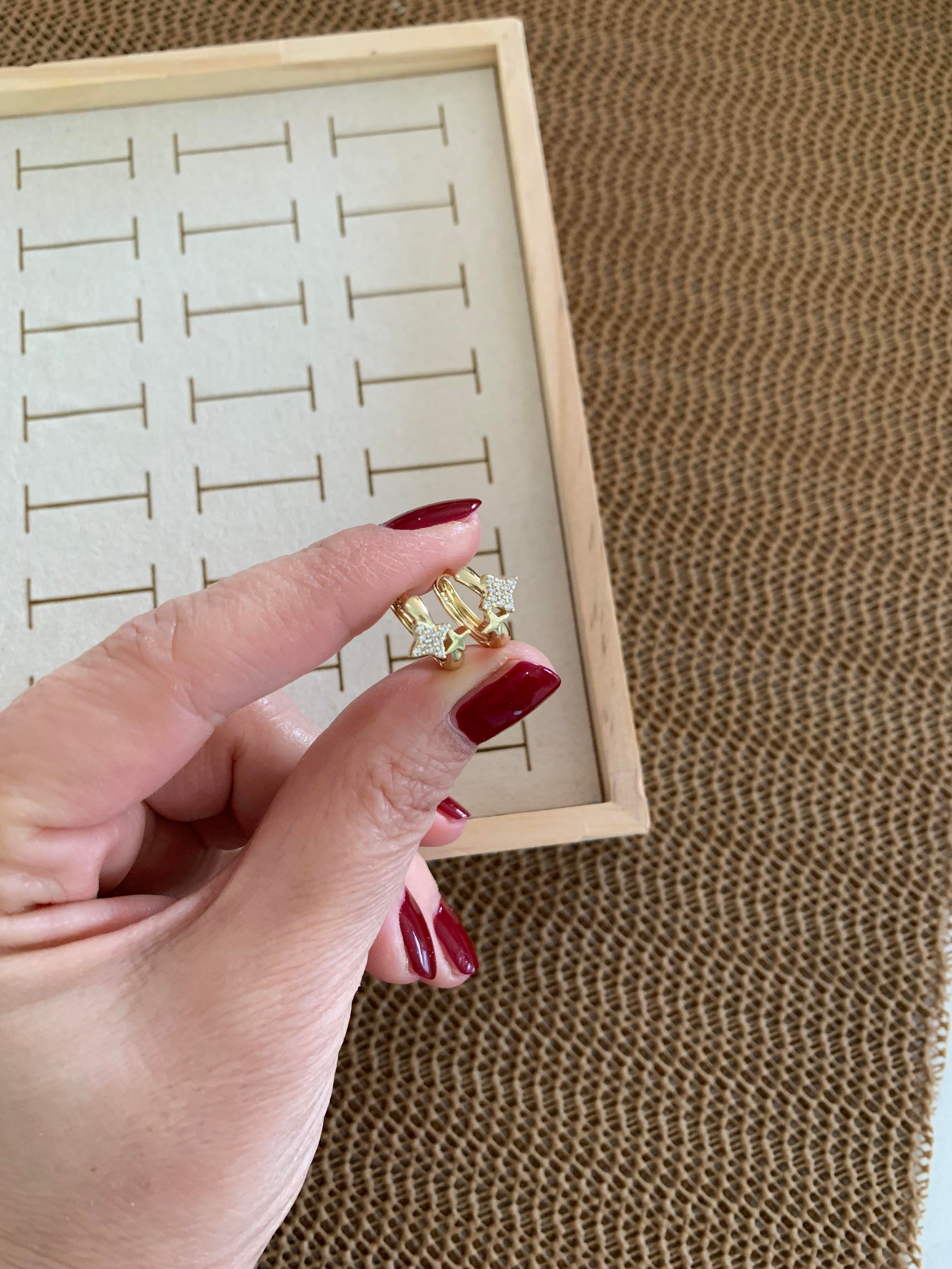 Vip Gold Zirkon Taşlı Plaka Yıldız Mini Halka Küpe