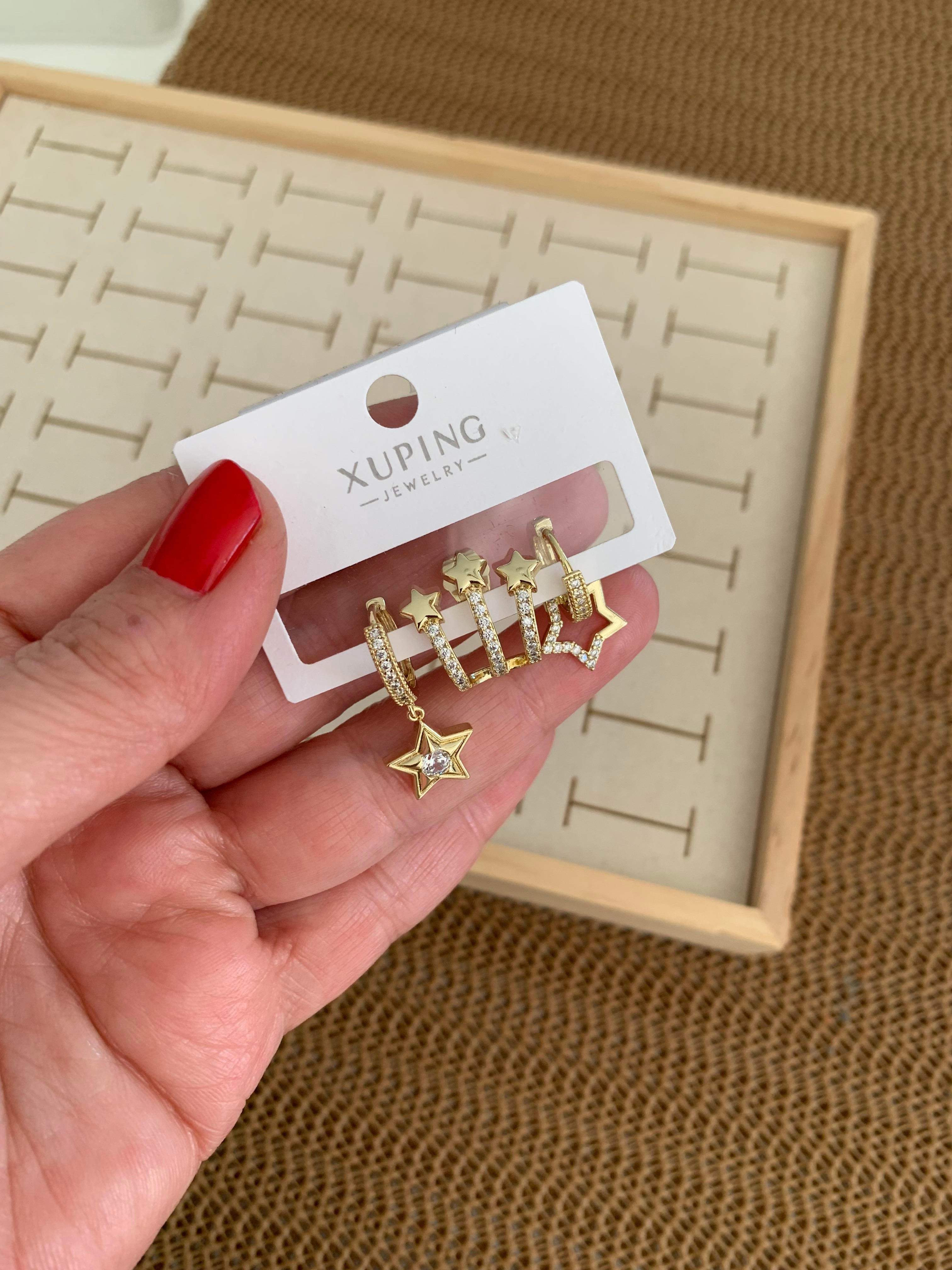 Vip Gold  Zirkon Taşlı Tasarım Yıldız Üçlü Set Küpe