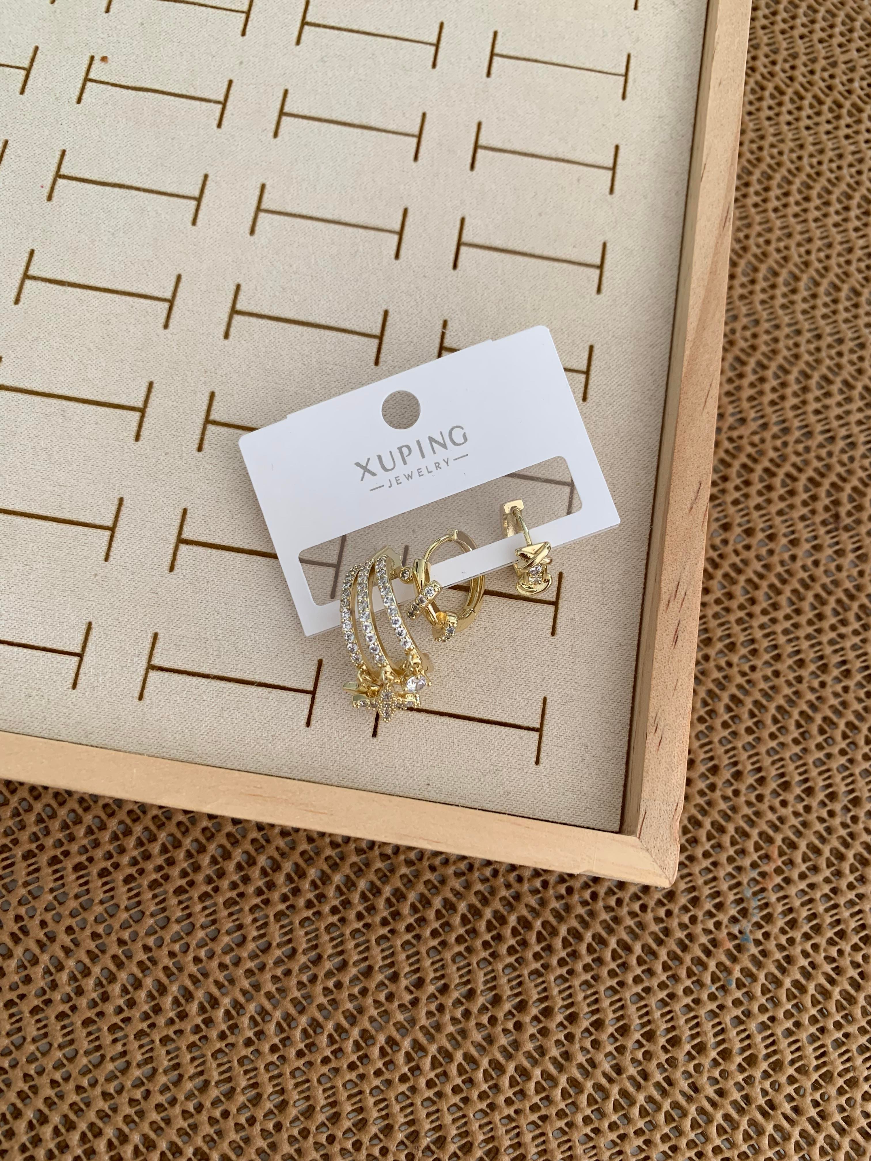 Vip Gold  Zirkon Taşlı Üç Sıra Tasarım Yıldız Üçlü Set Küpe