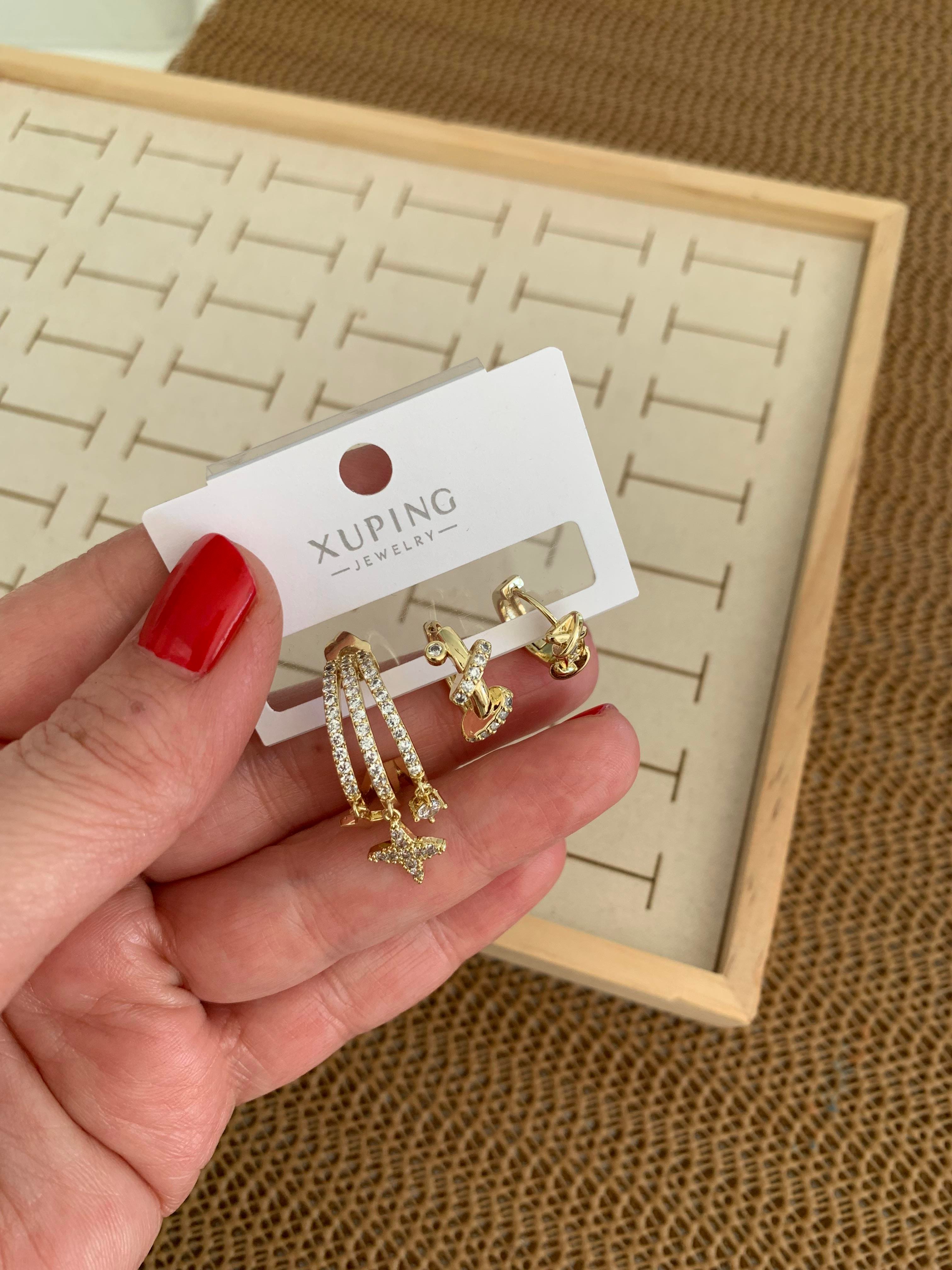 Vip Gold  Zirkon Taşlı Üç Sıra Tasarım Yıldız Üçlü Set Küpe