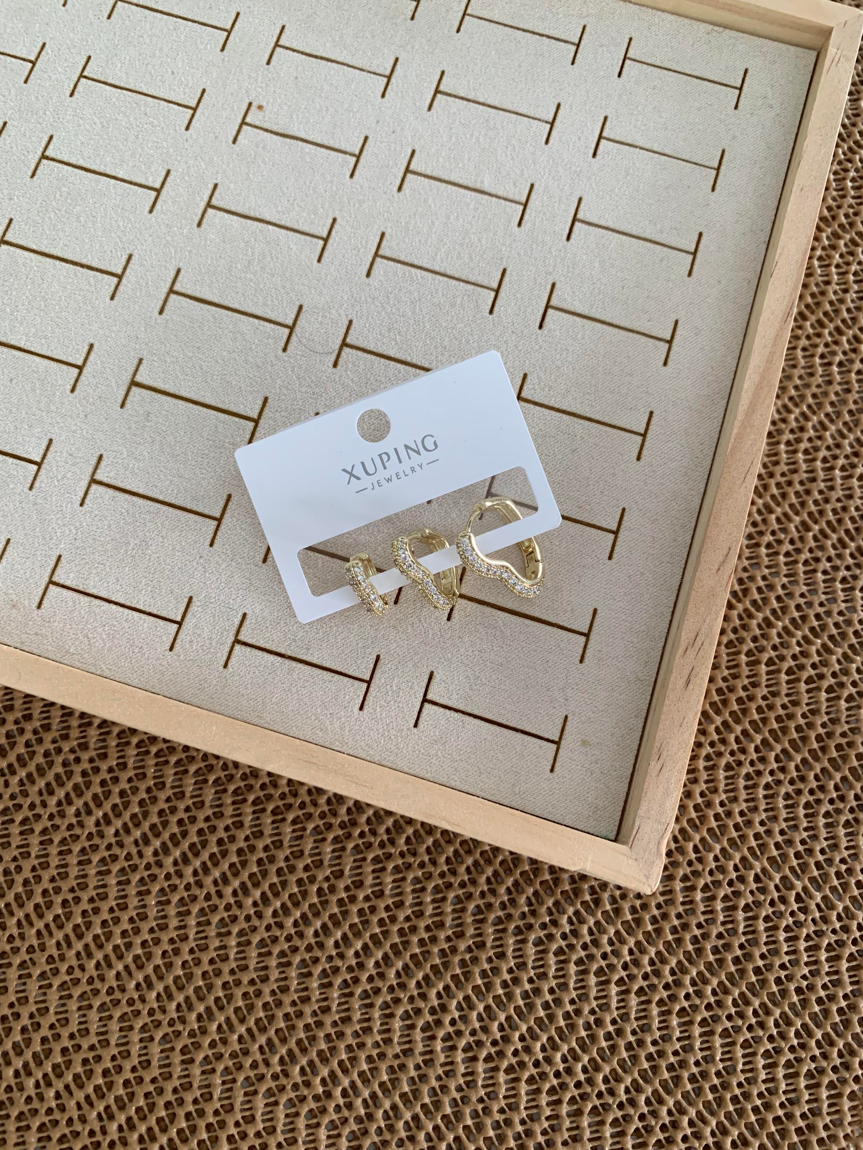 Vip Gold Zirkon Taşlı Üçlü Set Kalp Küpe