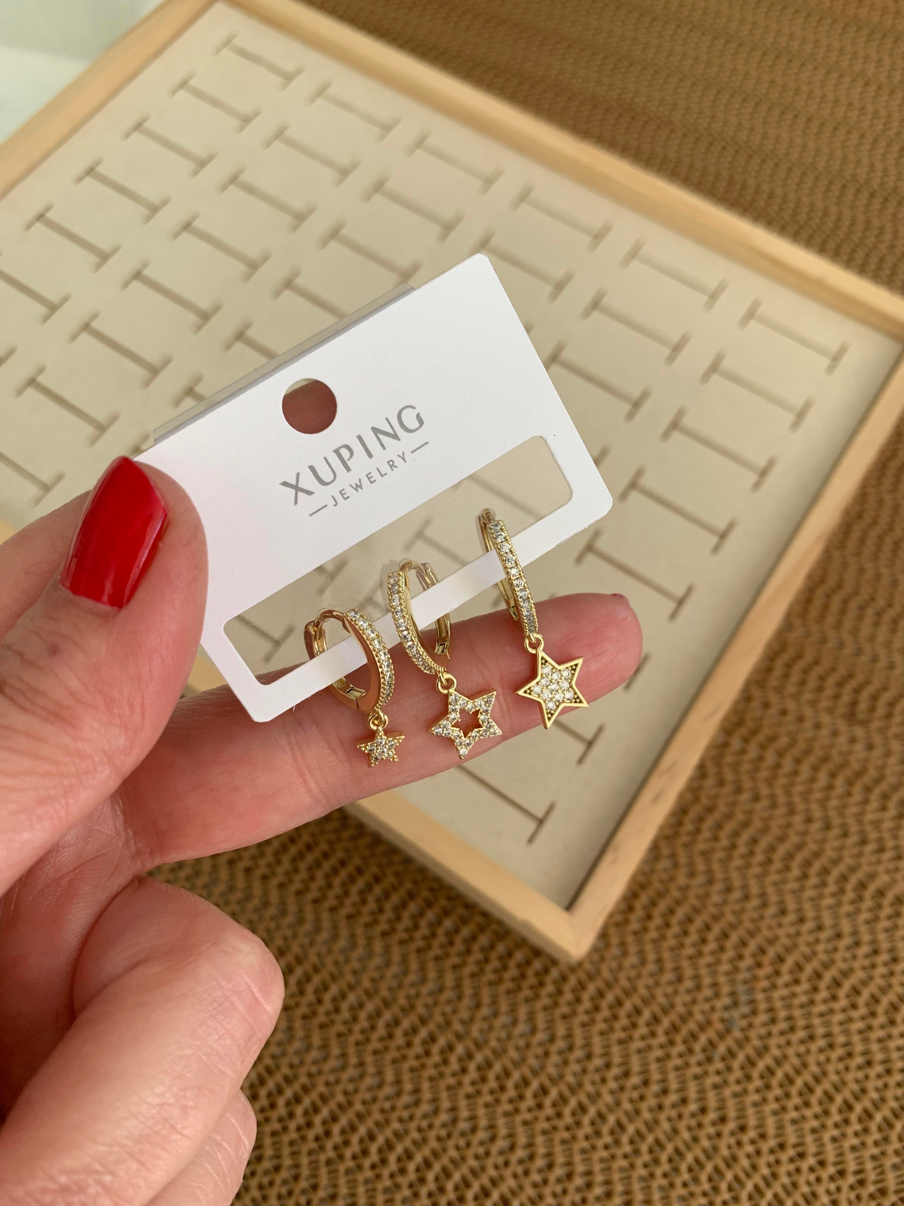 Vip Gold Zirkon Taşlı Yıldız Sallantılı Üçlü Set Halka Küpe