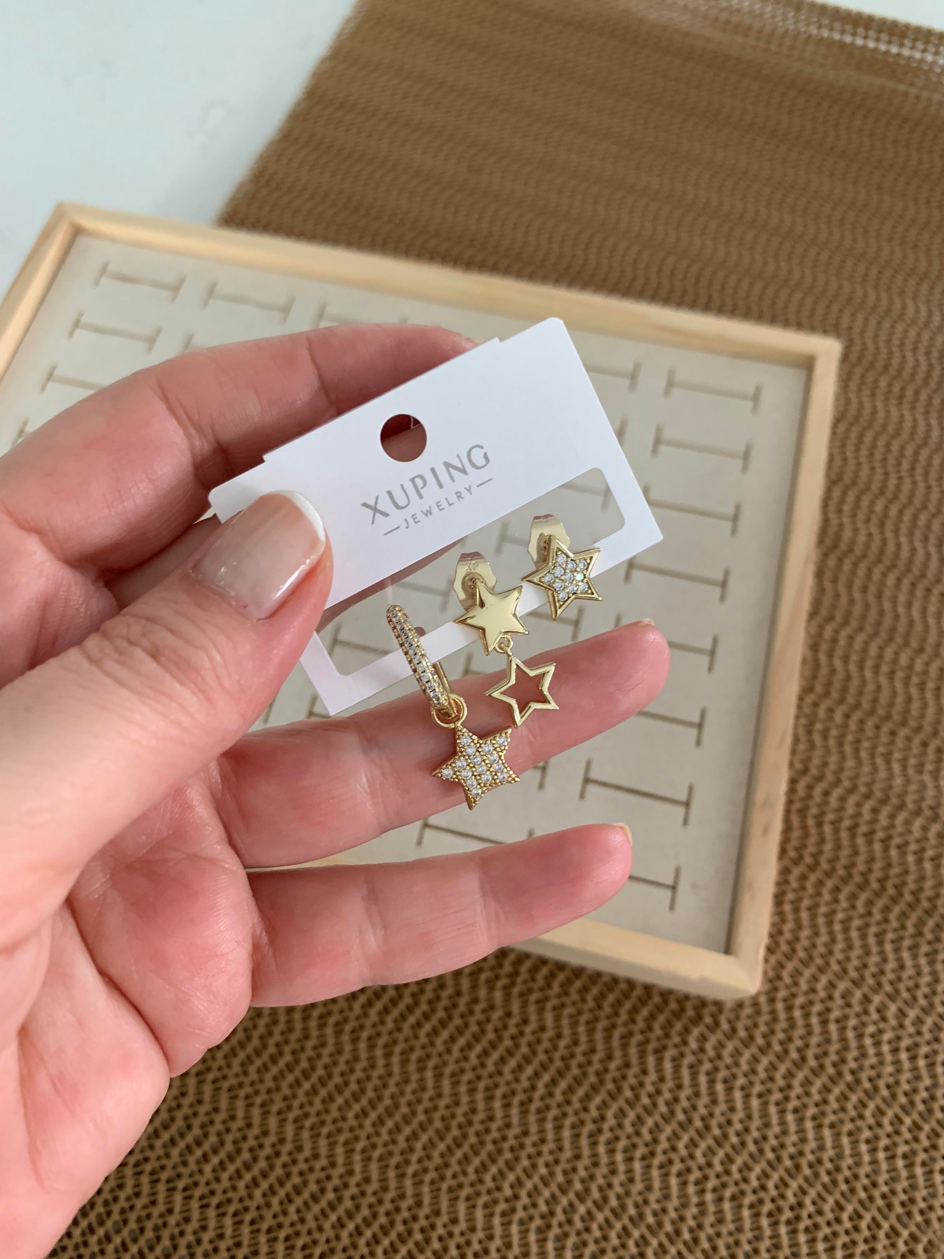 Vip Gold Zirkon Taşlı Yıldız Sallantılı Üçlü Set Küpe