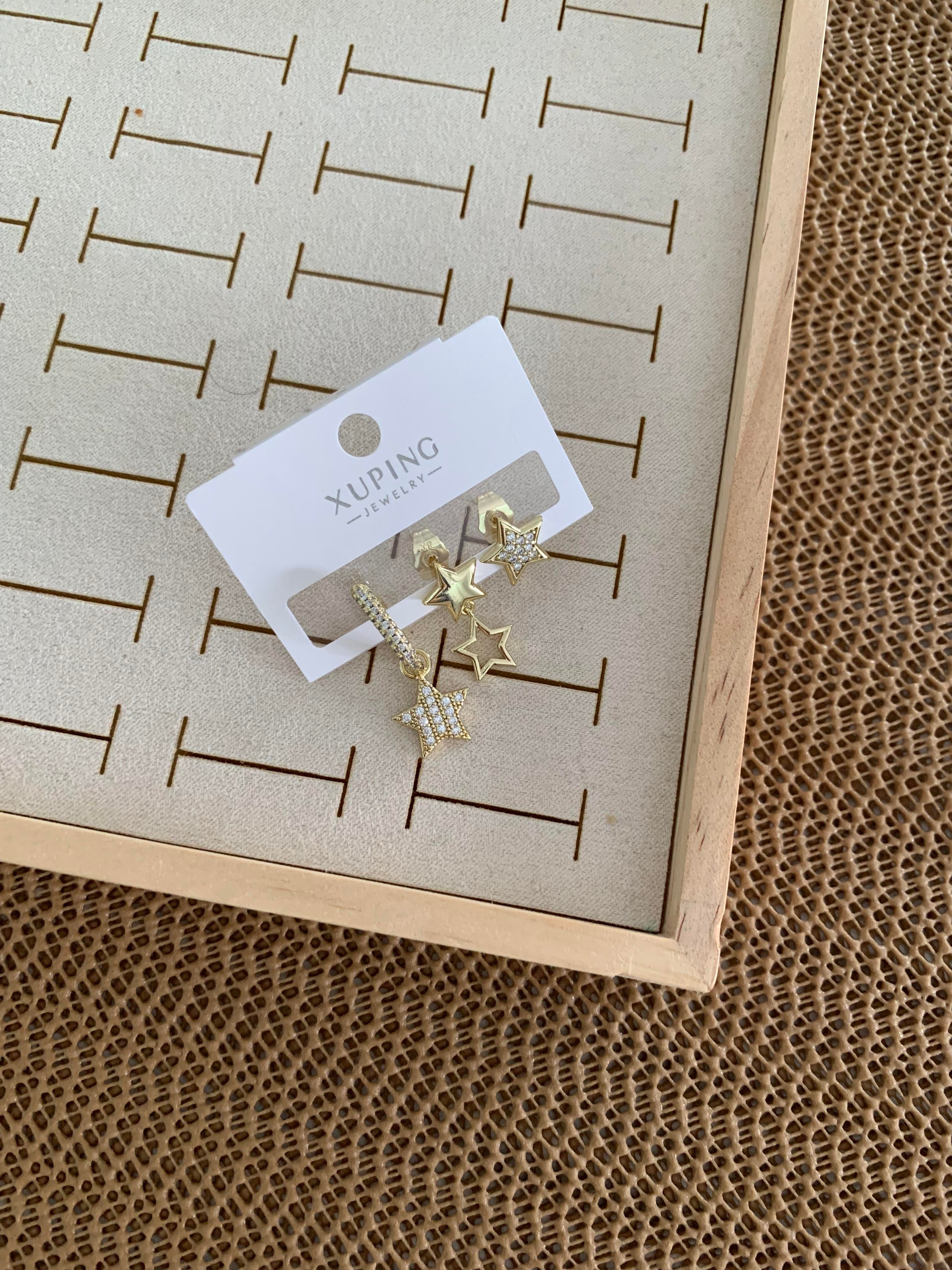 Vip Gold Zirkon Taşlı Yıldız Sallantılı Üçlü Set Küpe