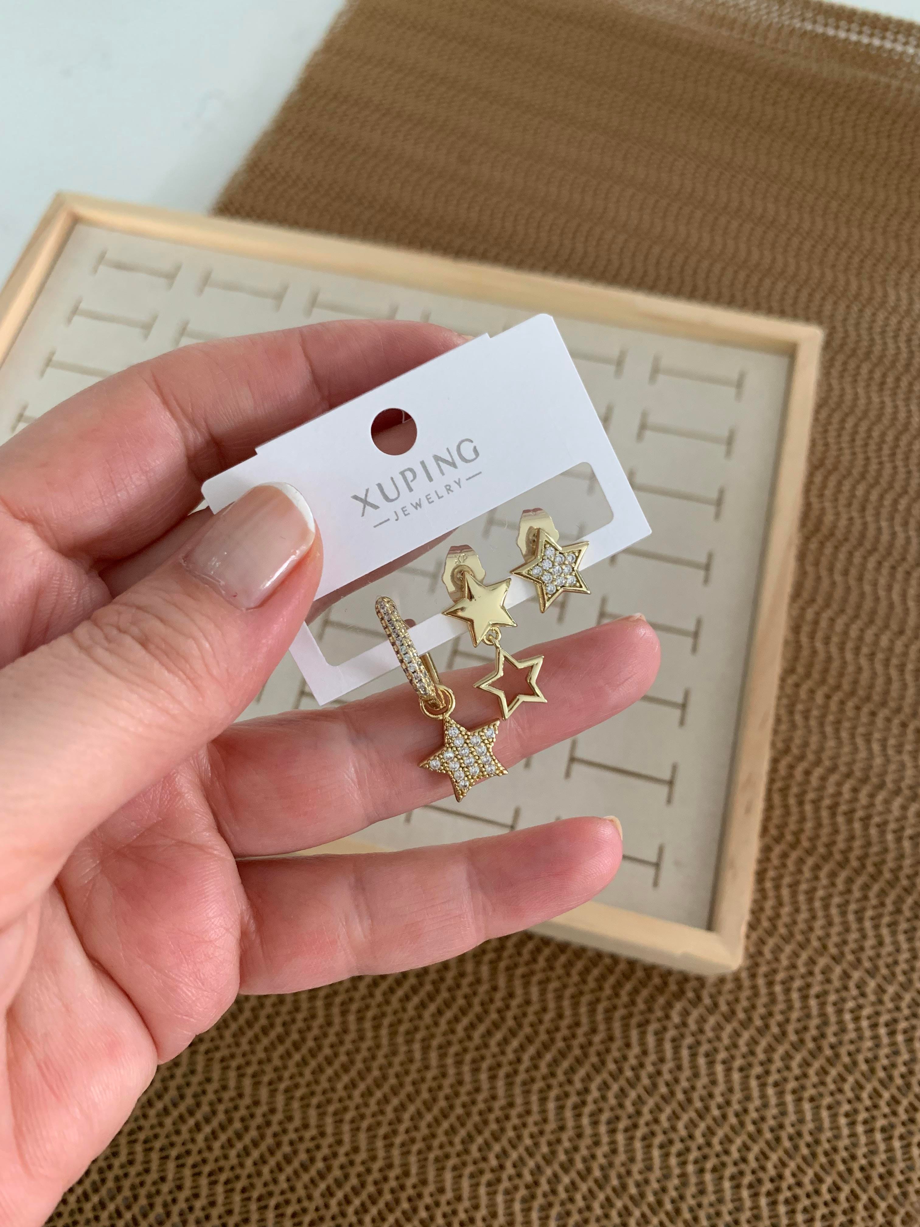 Vip Gold Zirkon Taşlı Yıldız Sallantılı Üçlü Set Küpe