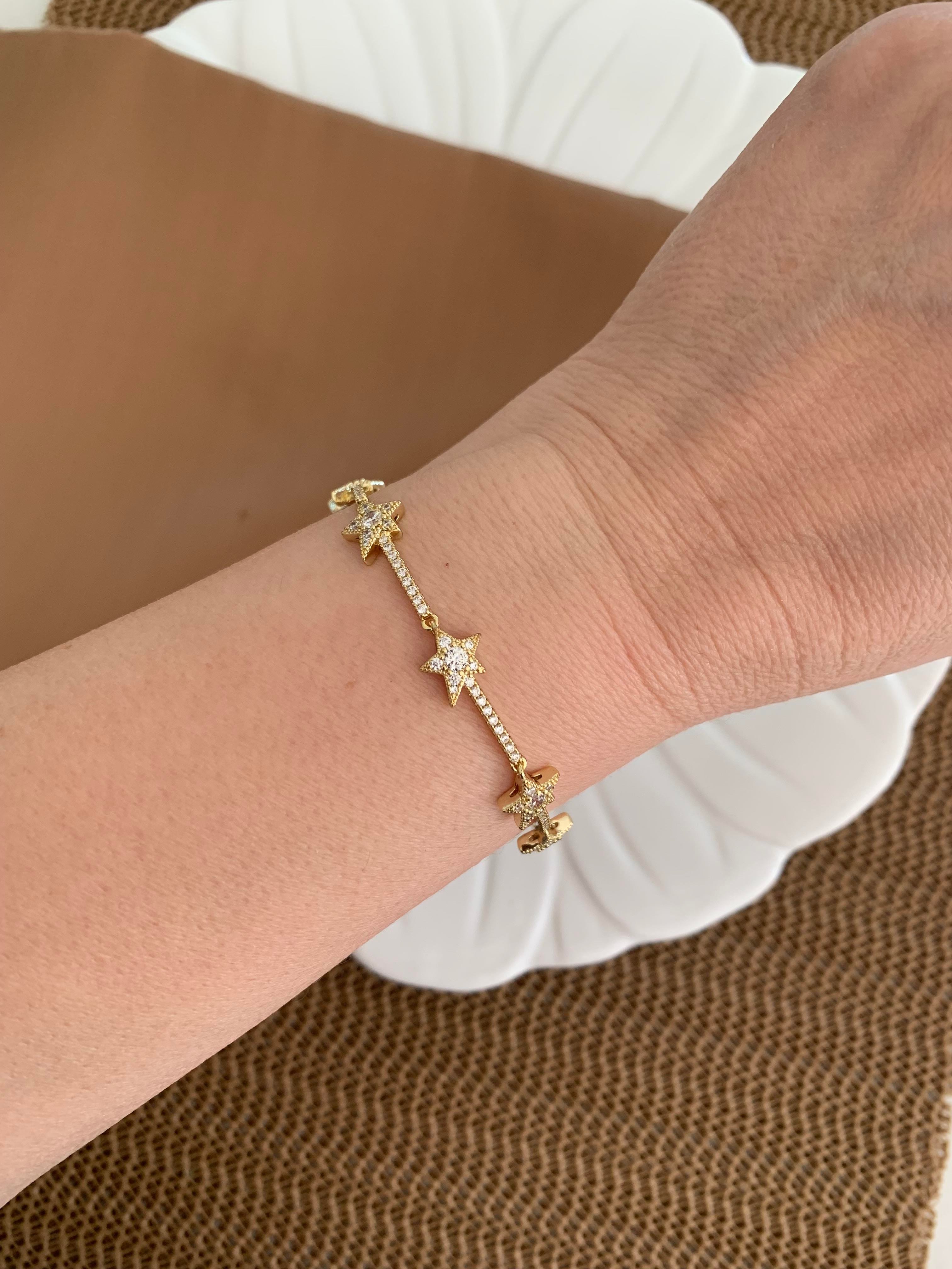 Vip Gold Zirkon Taşlı Yıldız Sıralı Tasarım Bileklik
