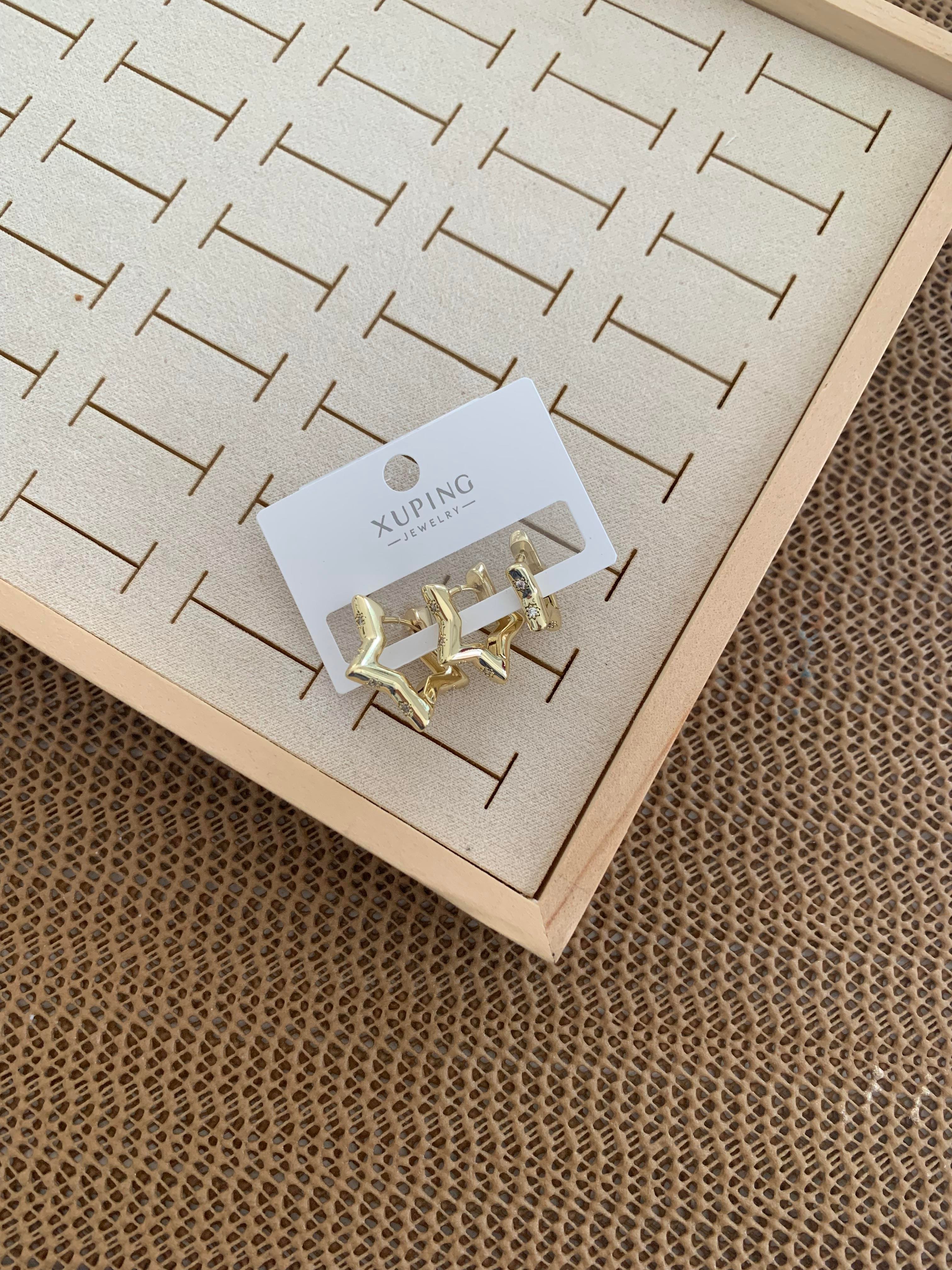 Vip Gold Zirkon Taşlı Yıldız Üçlü Set Halka Küpe
