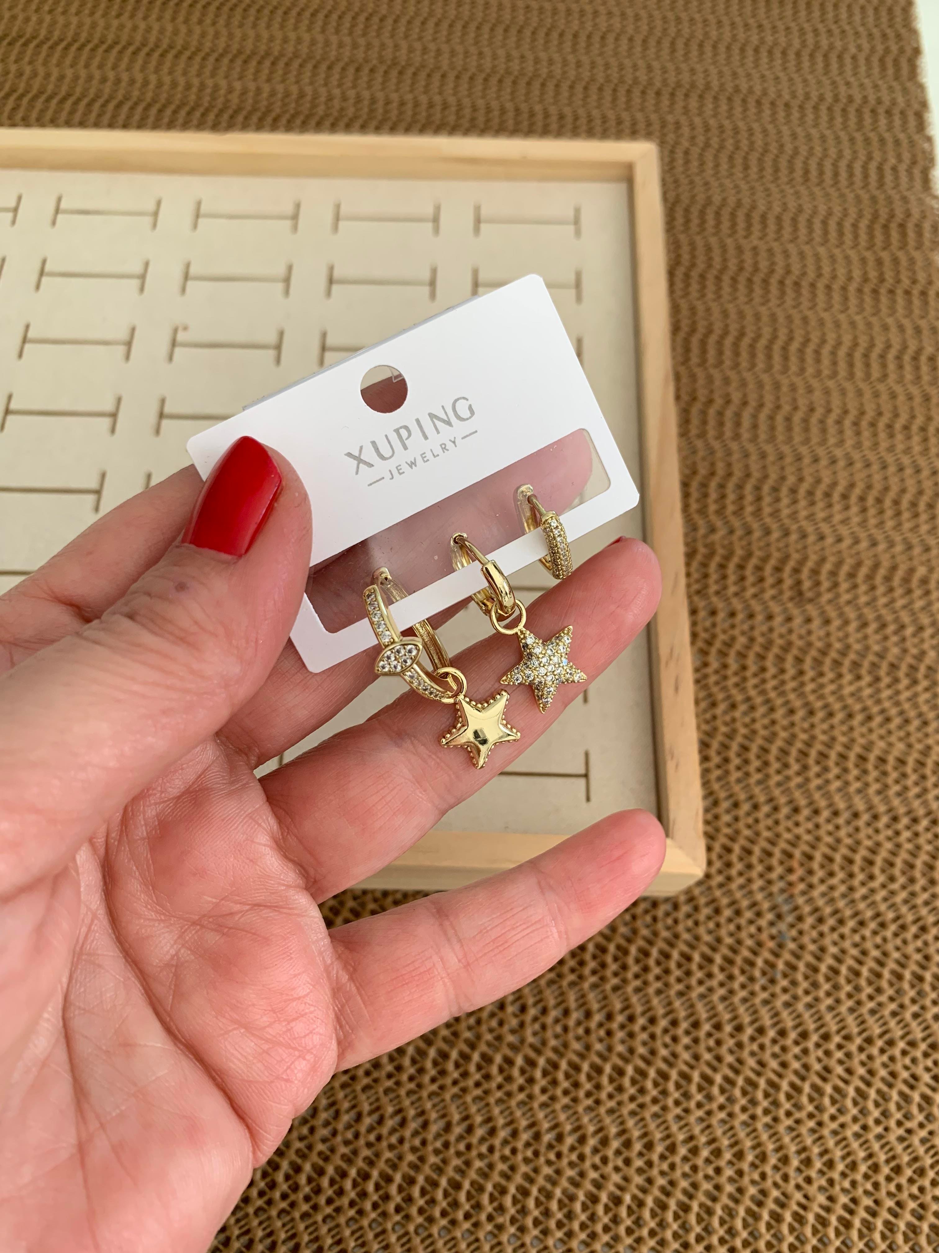 Vip Gold Zirkon Taşlı Yıldız Üçlü Set Küpe