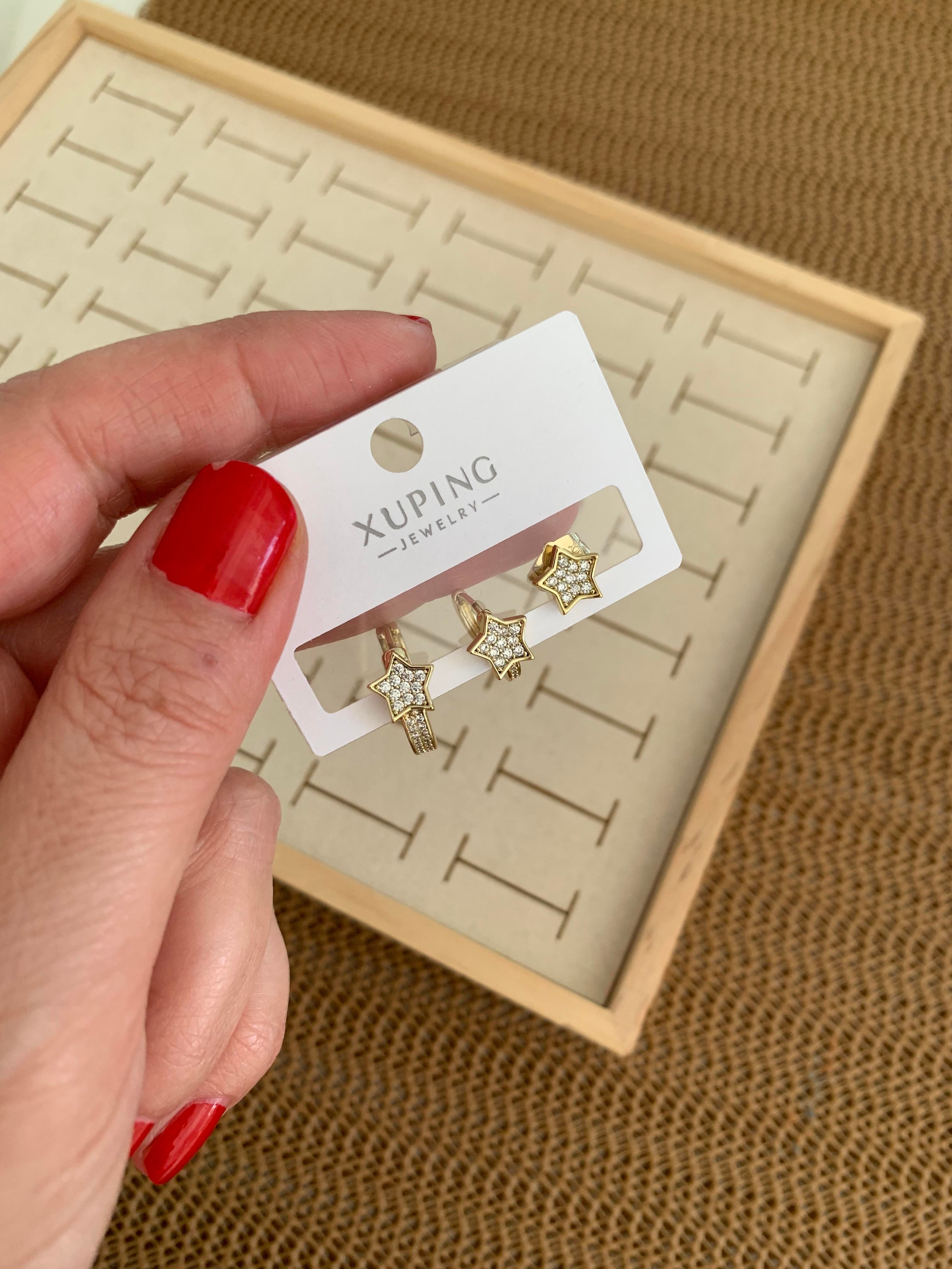 Vip Gold Zirkon Taşlı Yıldız Üçlü Set Halka Küpe