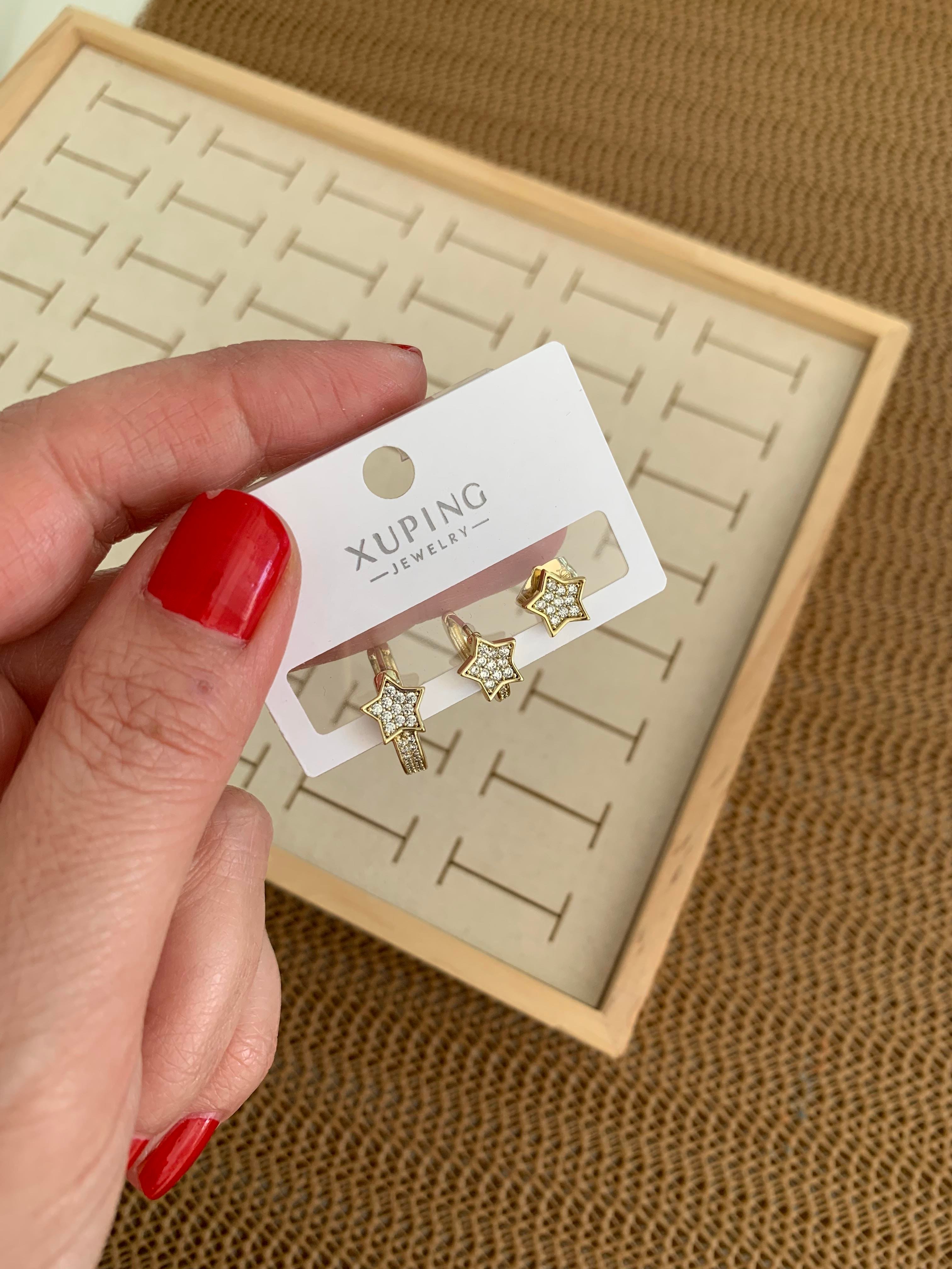 Vip Gold Zirkon Taşlı Yıldız Üçlü Set Halka Küpe