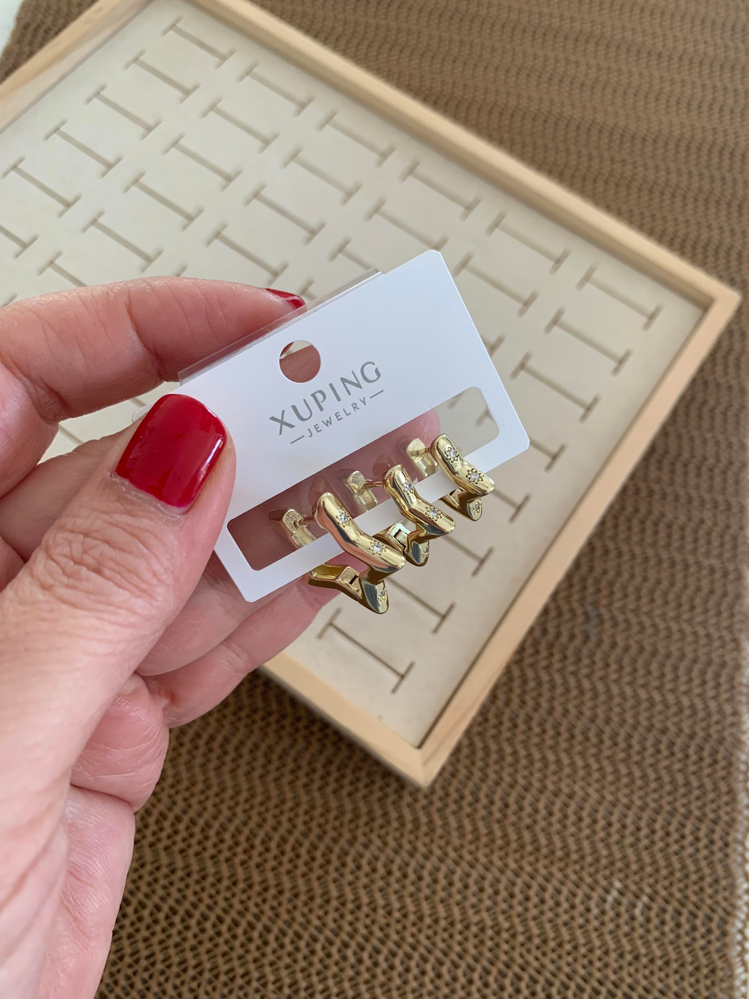 Vip Gold Zirkon Taşlı Yıldız Üçlü Set Halka Küpe