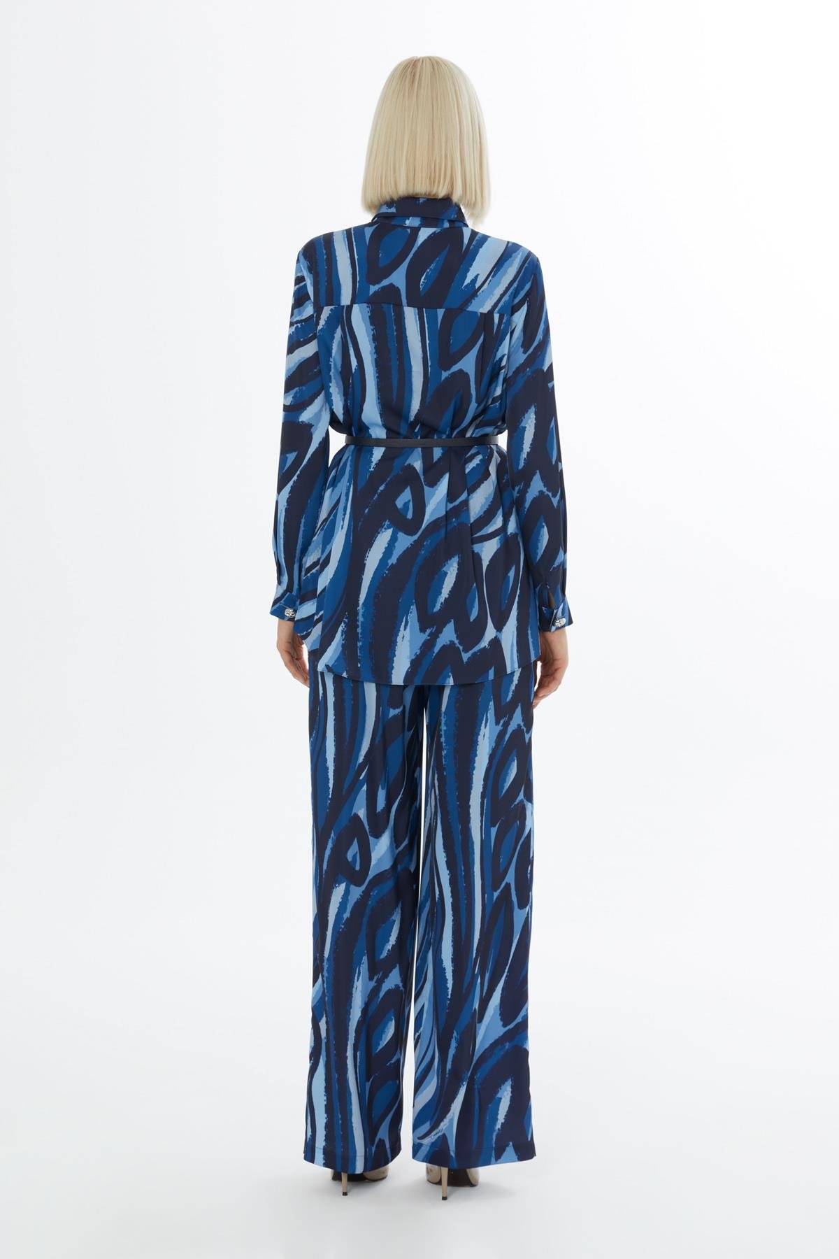 Alloever Desenli Bluzlu ve Palazzo Pantolonlu Lacivert  Takım