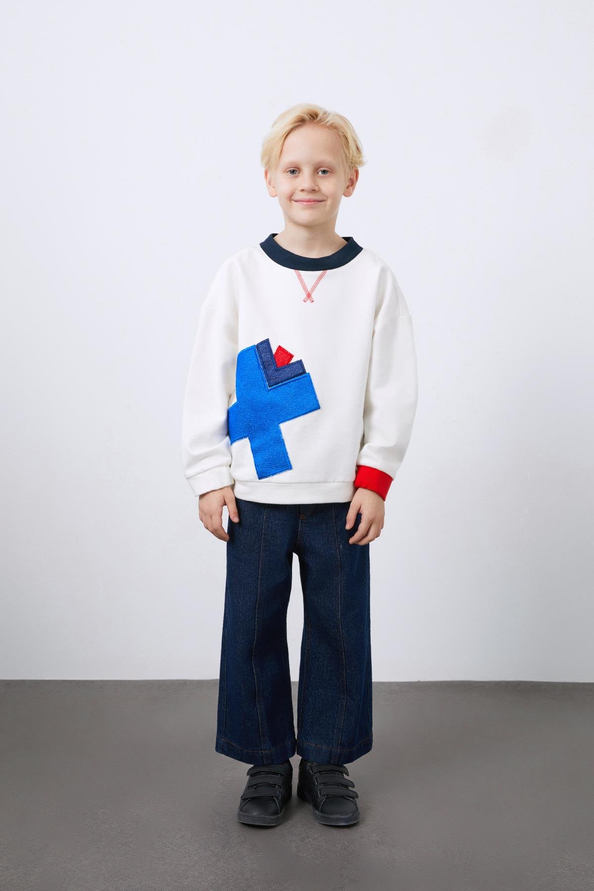 Ecru Boy's Sweatshirt with Applique and Garni Detail