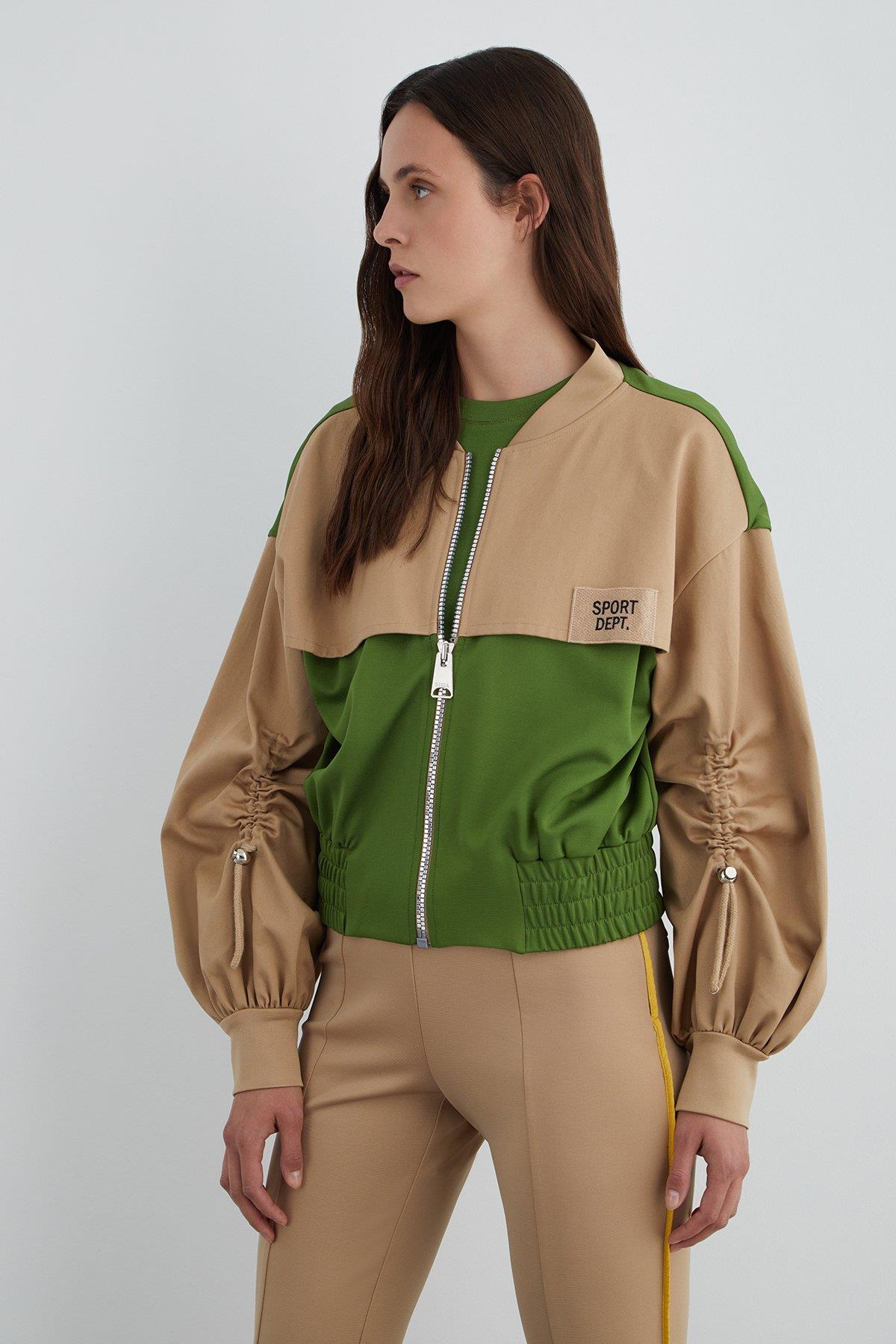 Appliqué Embroidery Detail Drawstring Neck Cuffed Jacket