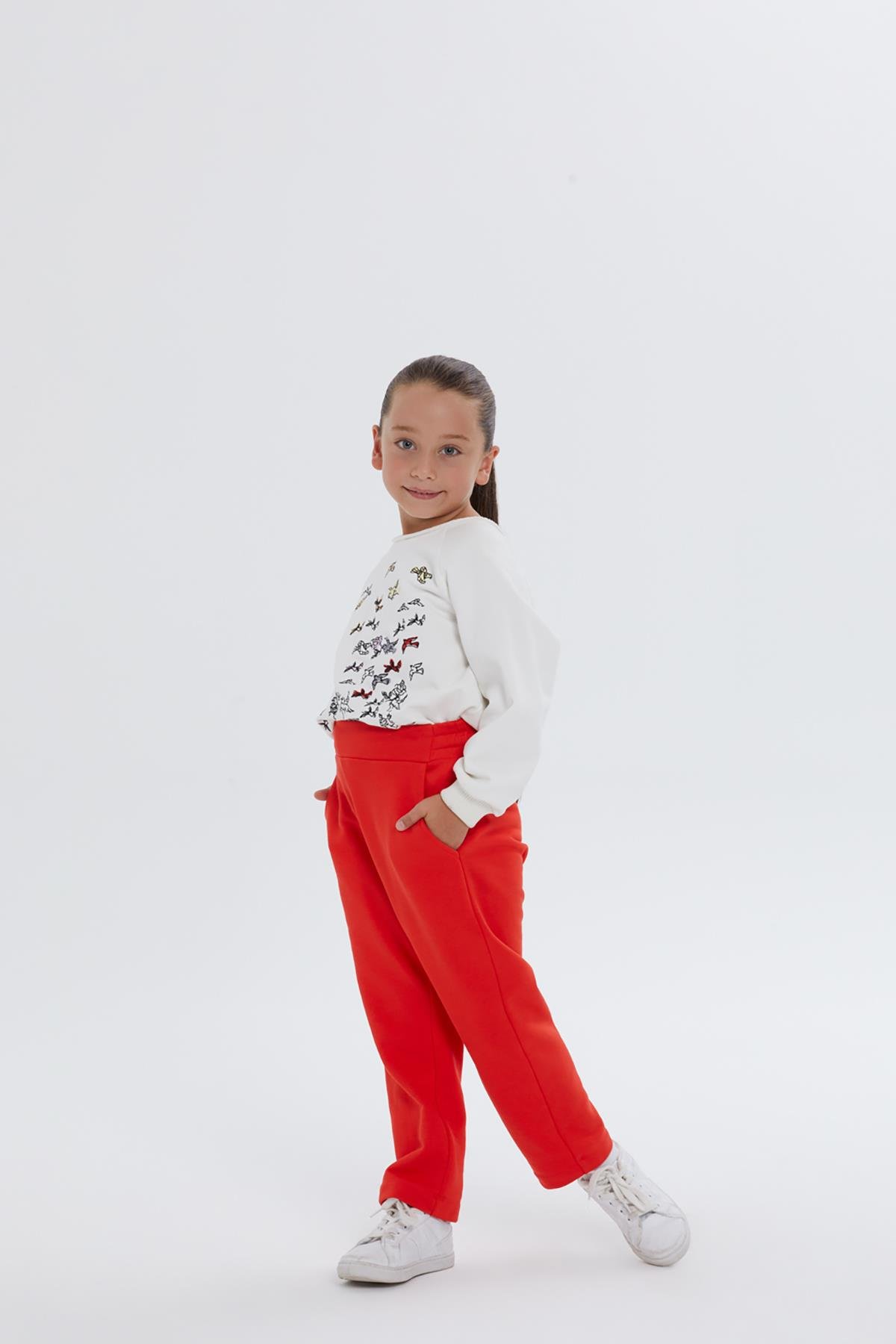 Red Pants for Girls with Elastic Back Waist and Pockets