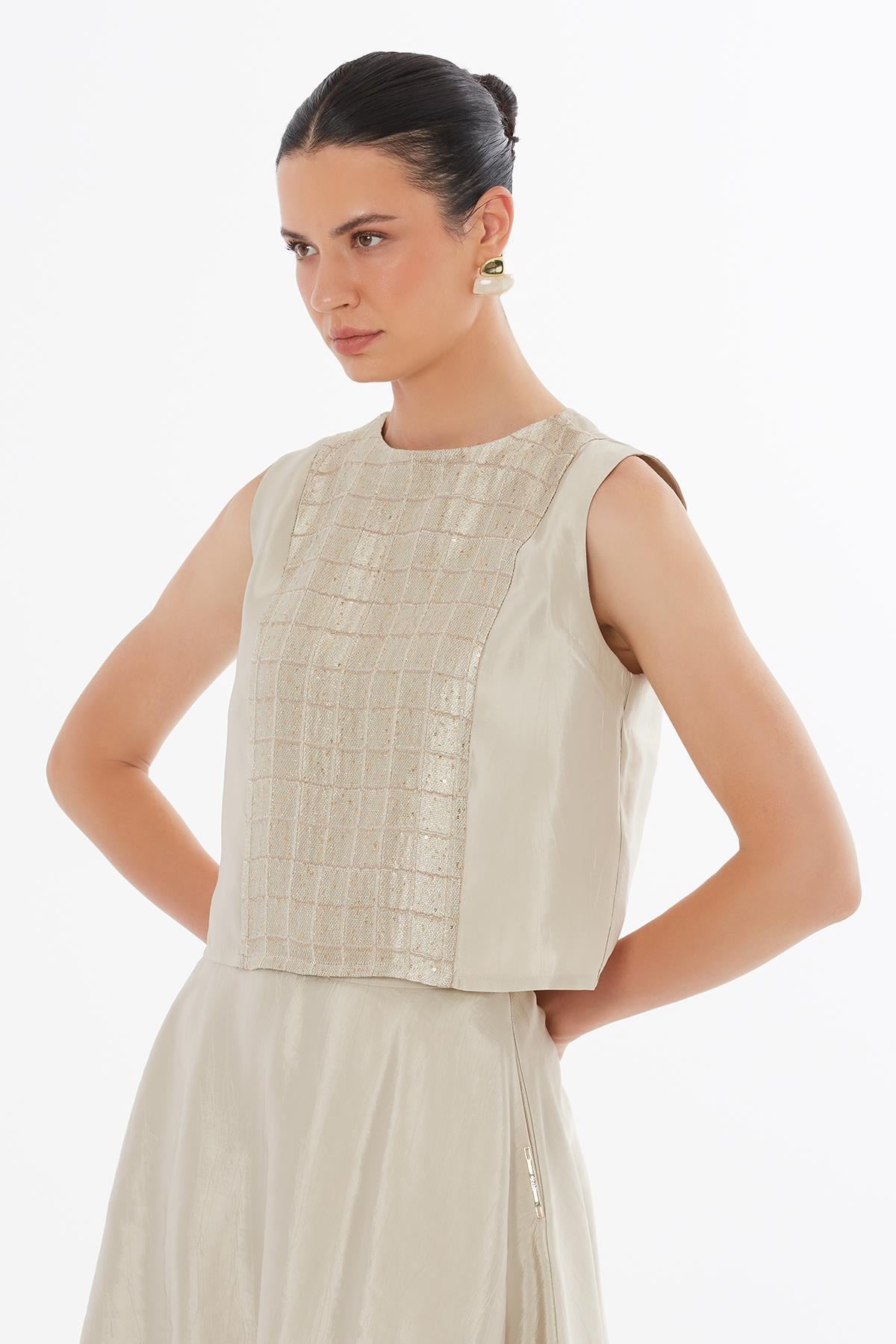 Beige Asymmetric Sequin Blouse