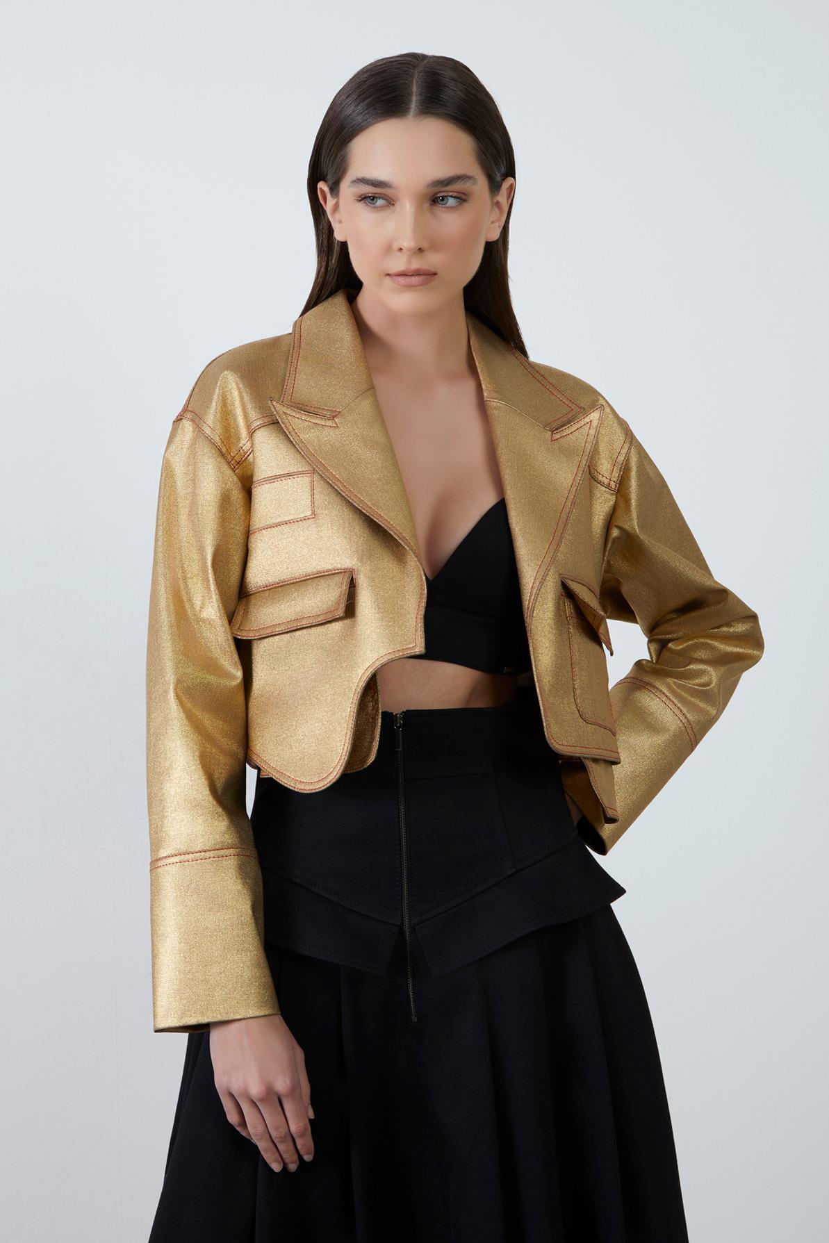 Asimetrik Kesim Yeşil Crop Ceket