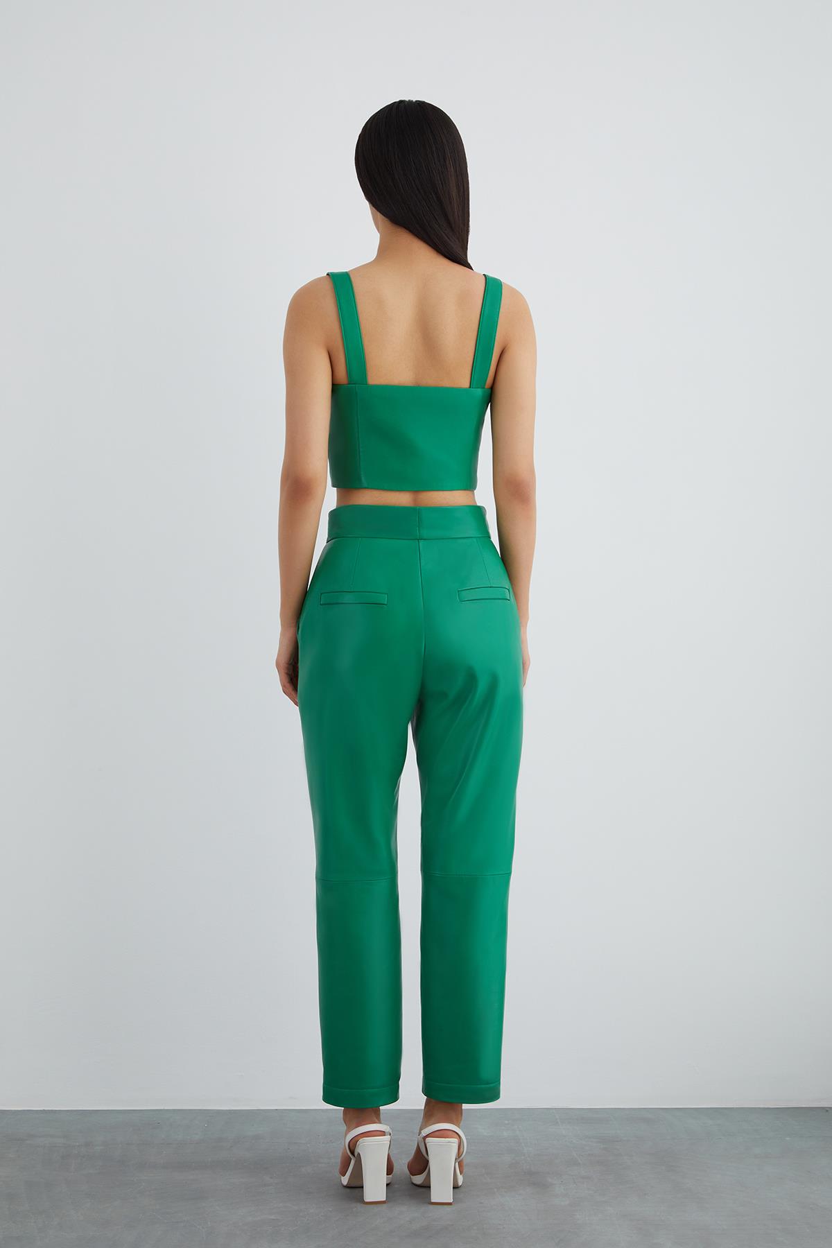 Green Leather Bustier With Front Zipper With Strap