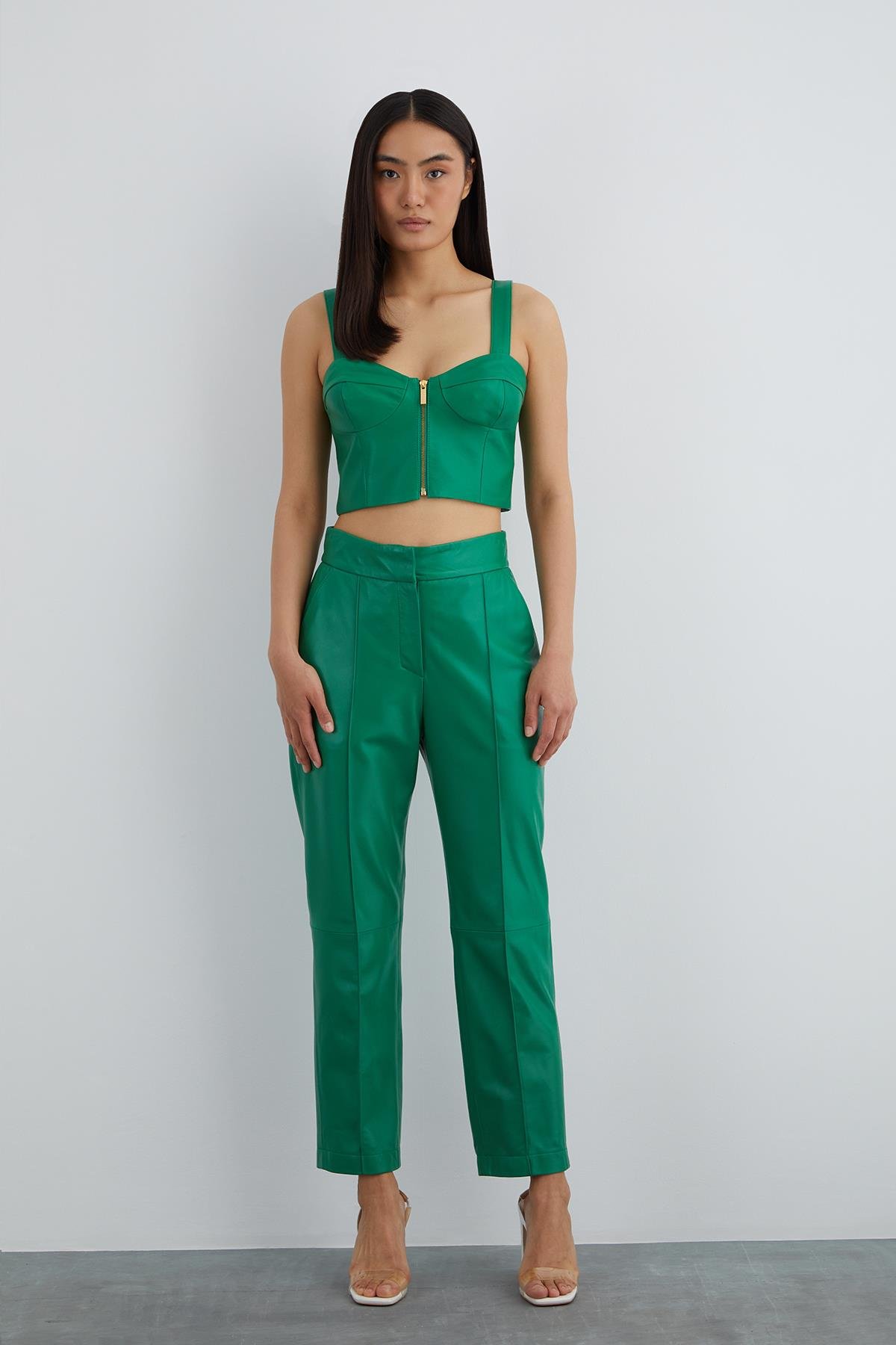 Green Leather Bustier With Front Zipper With Strap