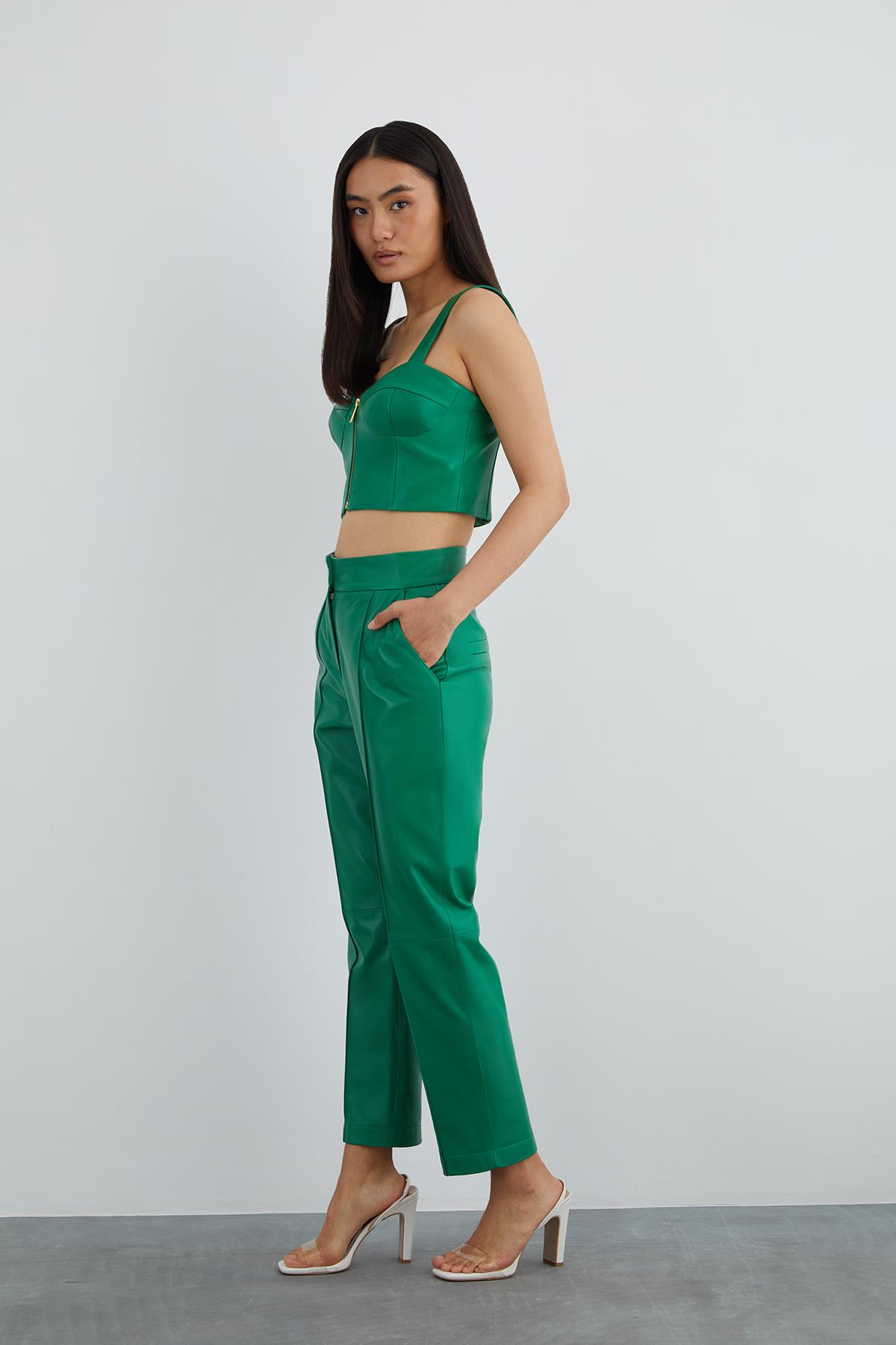 Green Leather Bustier With Front Zipper With Strap
