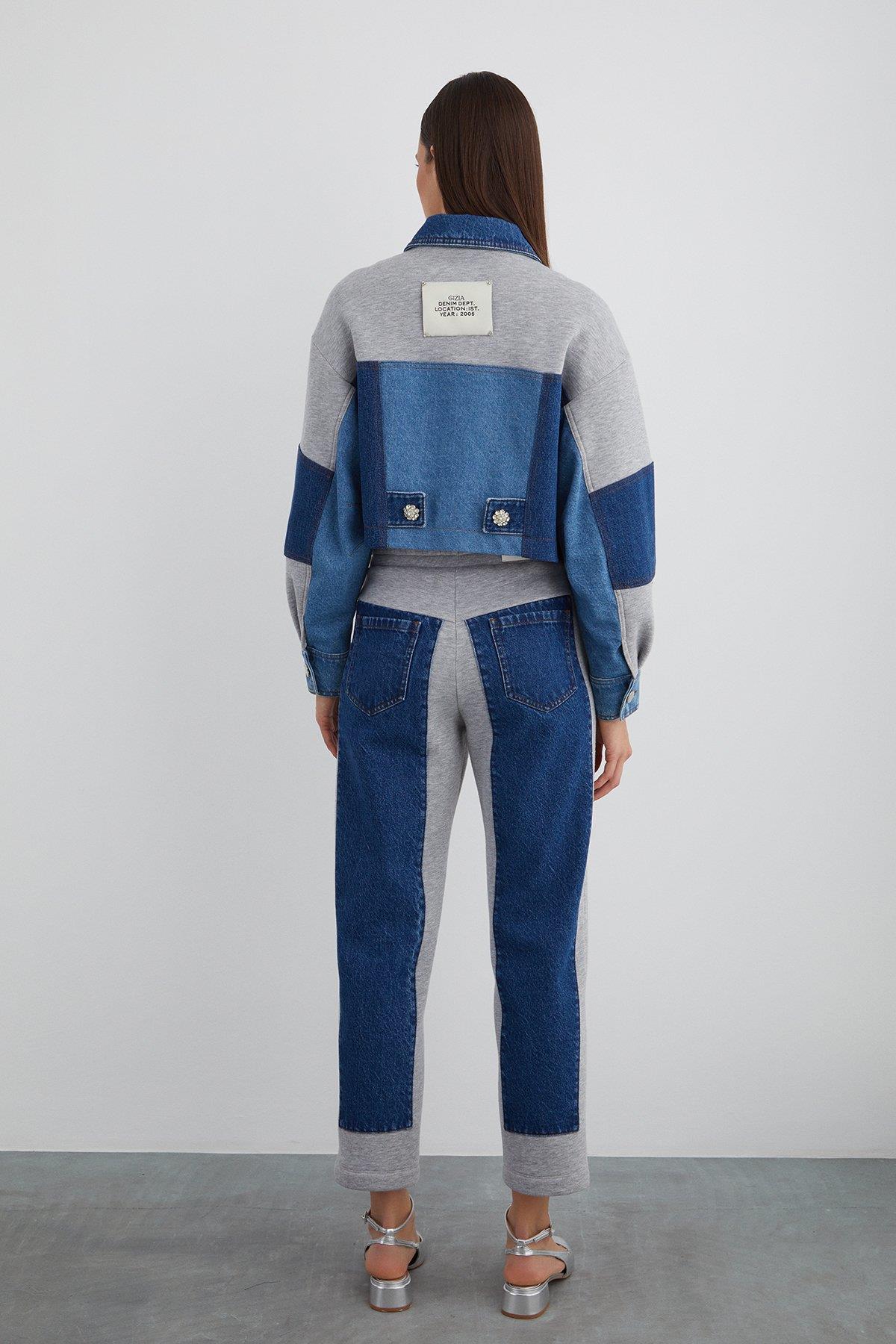 Arka Beden Etiket Ve Taşlı Düğme Detaylı Jean Garnili Ceket