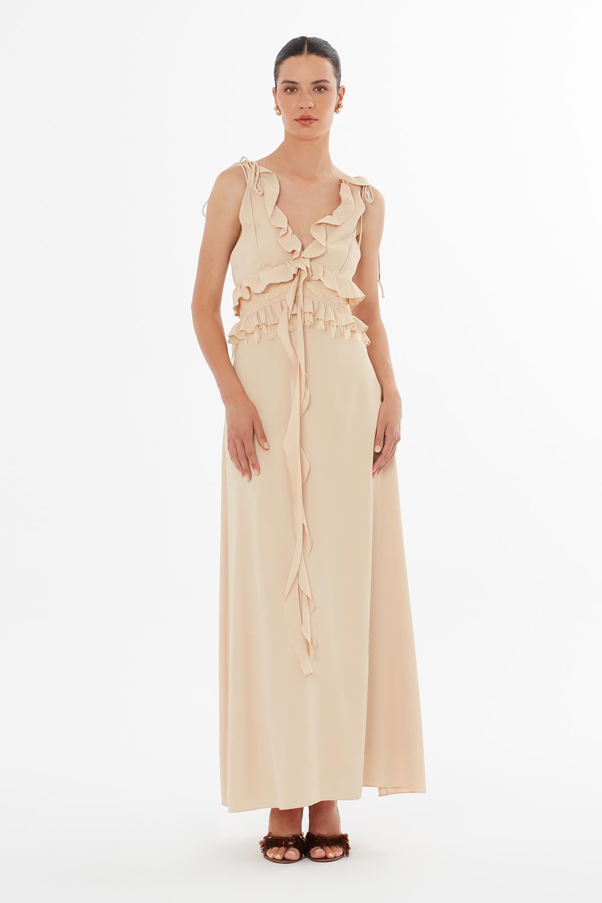 Beige Lace-Up Detail Dress