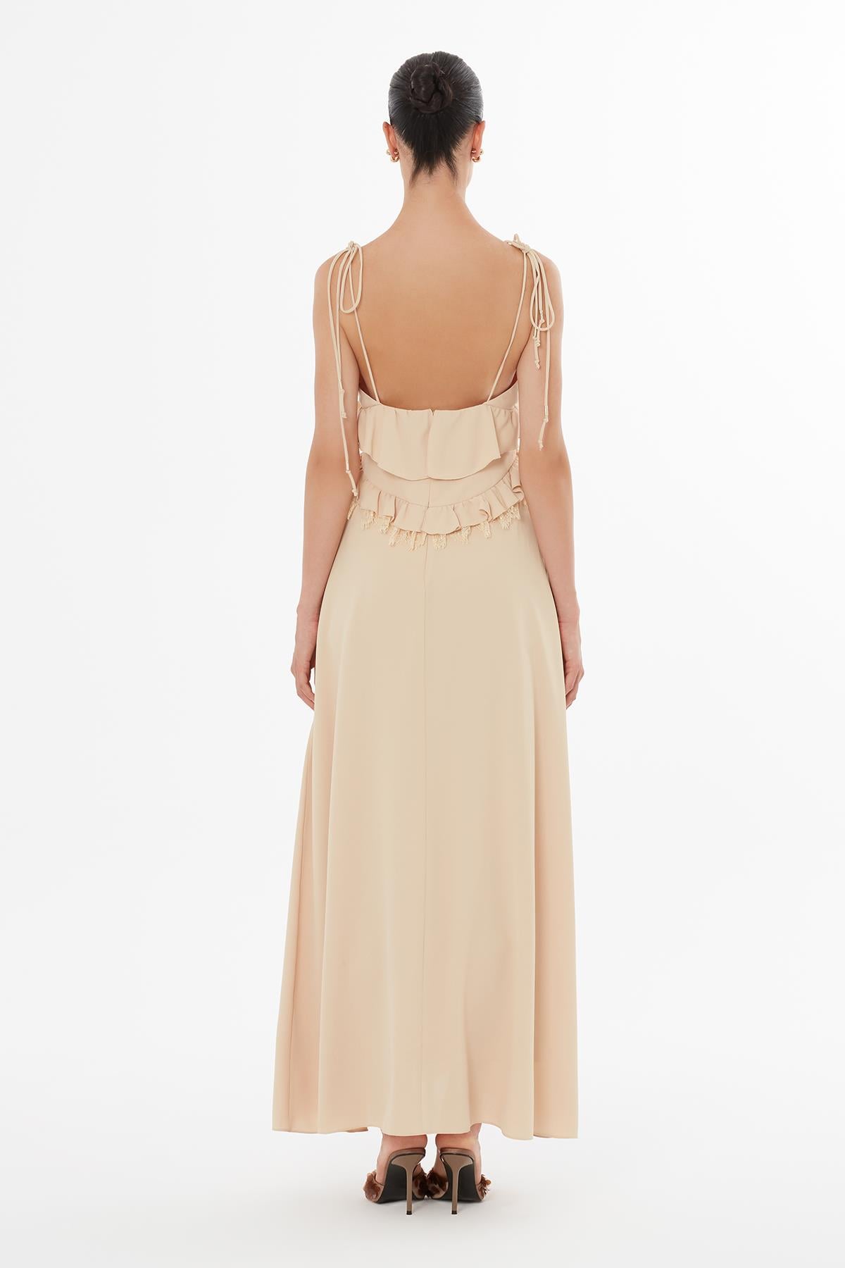 Beige Lace-Up Detail Dress