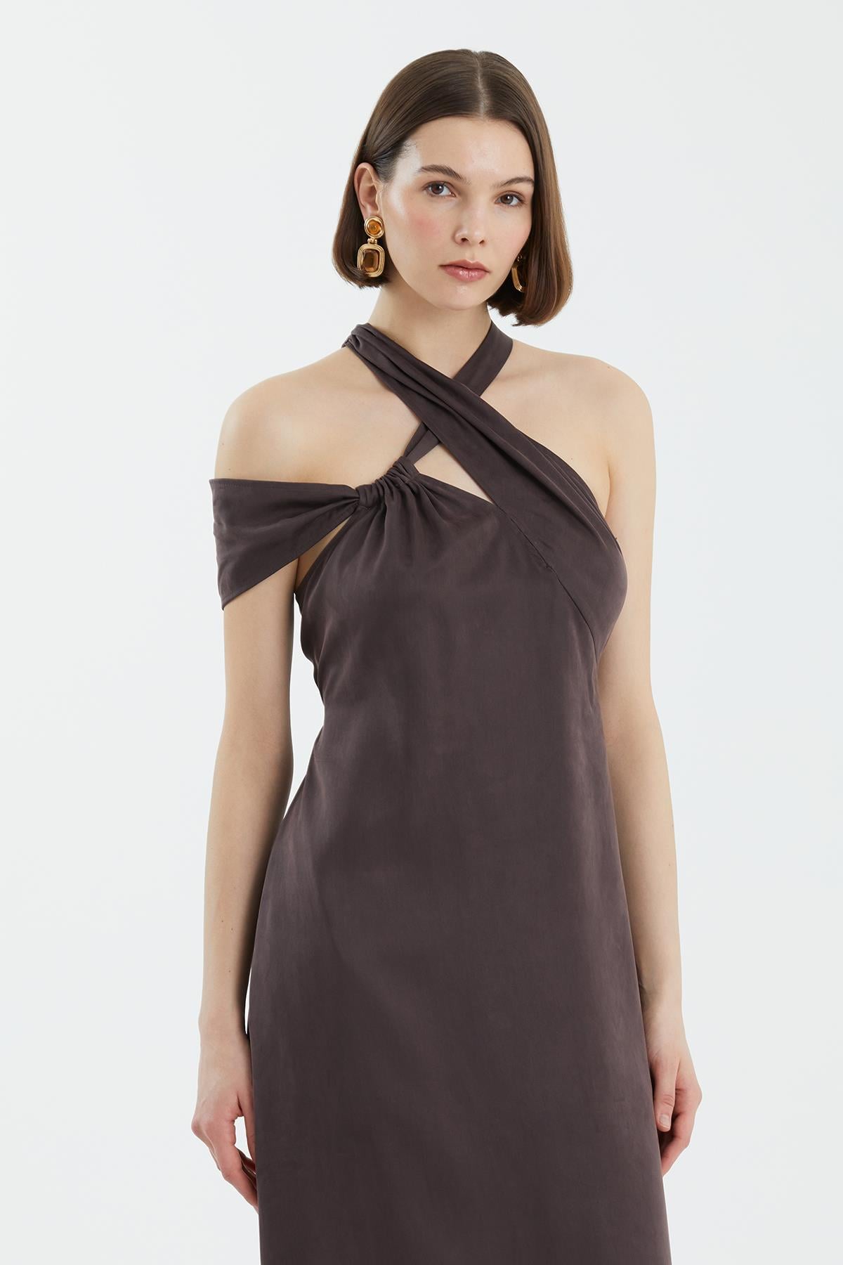 Brown Tie Detail Asymmetric Dress