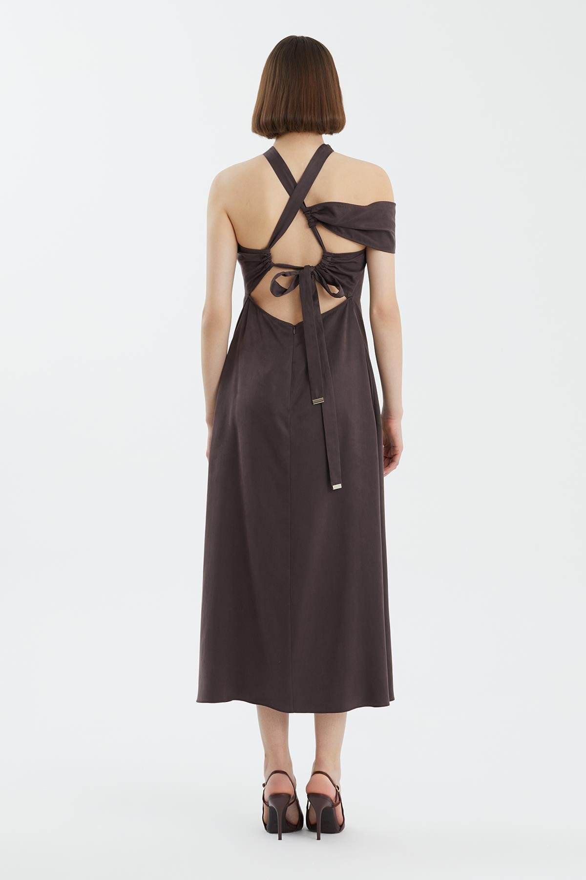 Brown Tie Detail Asymmetric Dress