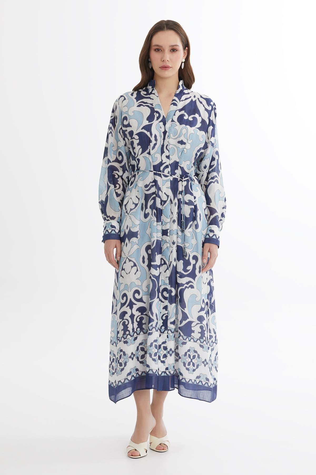 Tie Detail Embroidered Printed Maxi Dress