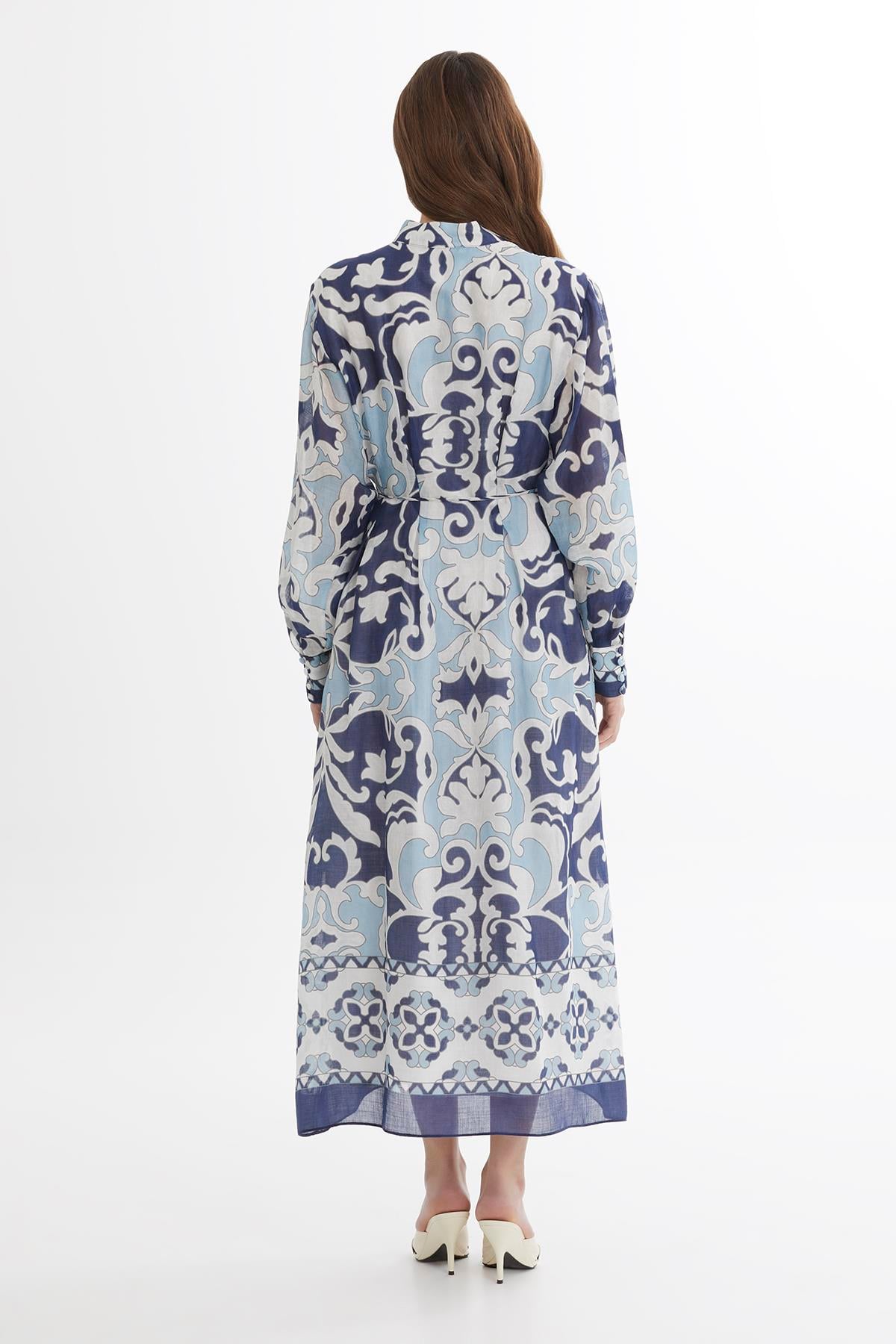 Tie Detail Embroidered Printed Maxi Dress