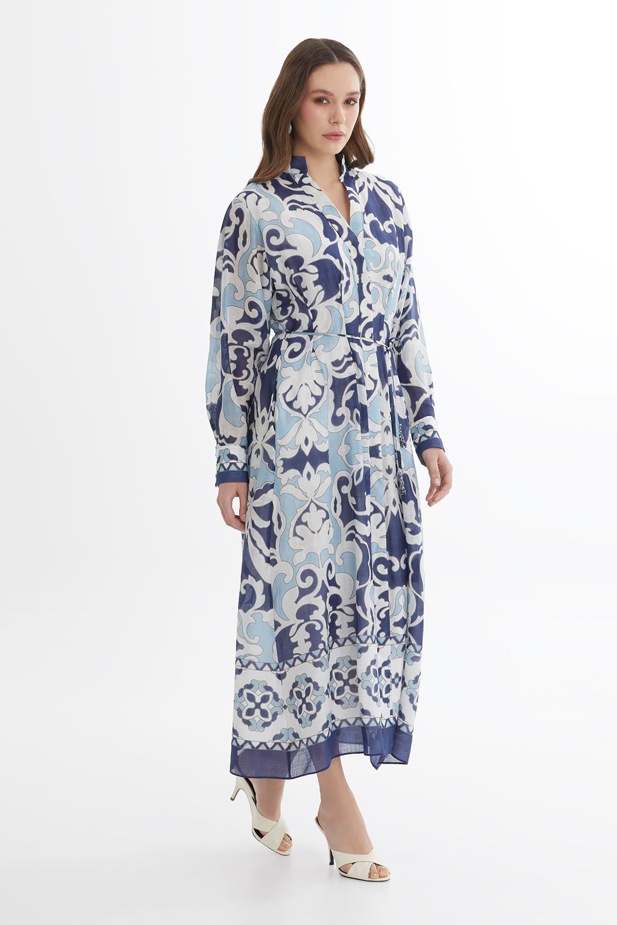 Tie Detail Embroidered Printed Maxi Dress